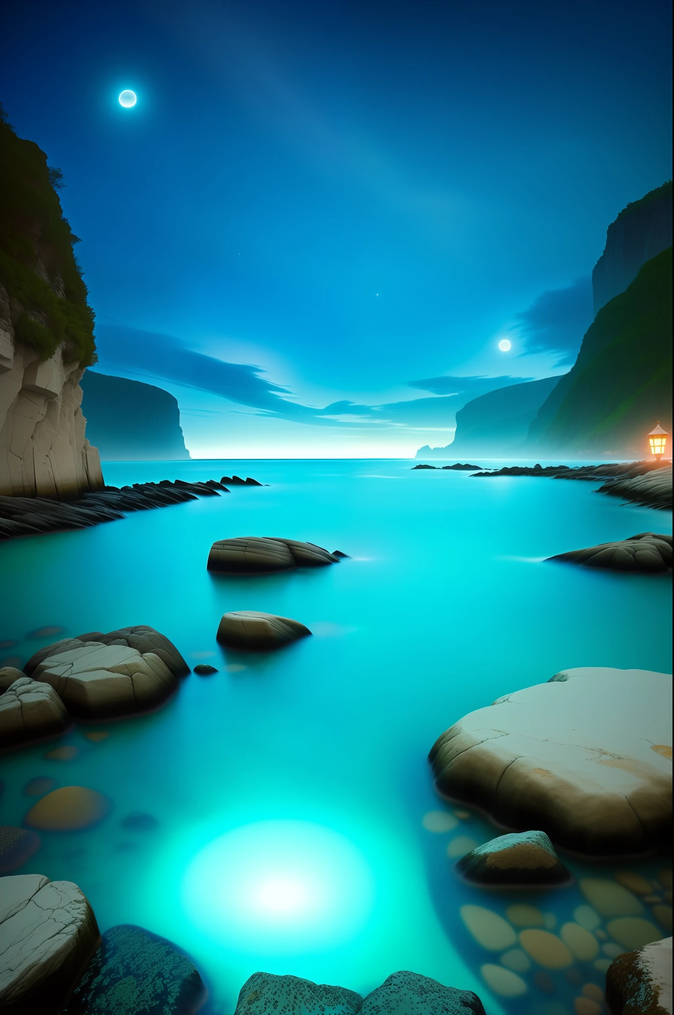 A close-up of a beach with a heart-shaped light, the moon on the left, and the sun on the right, within the heart. It's a magical beach with shimmering waves, bioluminescence, and waves of light. The lighting is reminiscent of medieval times, intricate and captivating. The atmosphere is cinematic with volumetric lighting, creating a fantasy-like setting. The depth of field enhances the scene, focusing on the beautiful blue bioluminescence. The reflections of light are stunning, creating a mesmerizing display. The moonlight adds a touch of elegance, while the water sparkles with radiant lights. It's a scene filled with magic and enchantment, with azure, seafoam and topaz hues shimmering throughout.