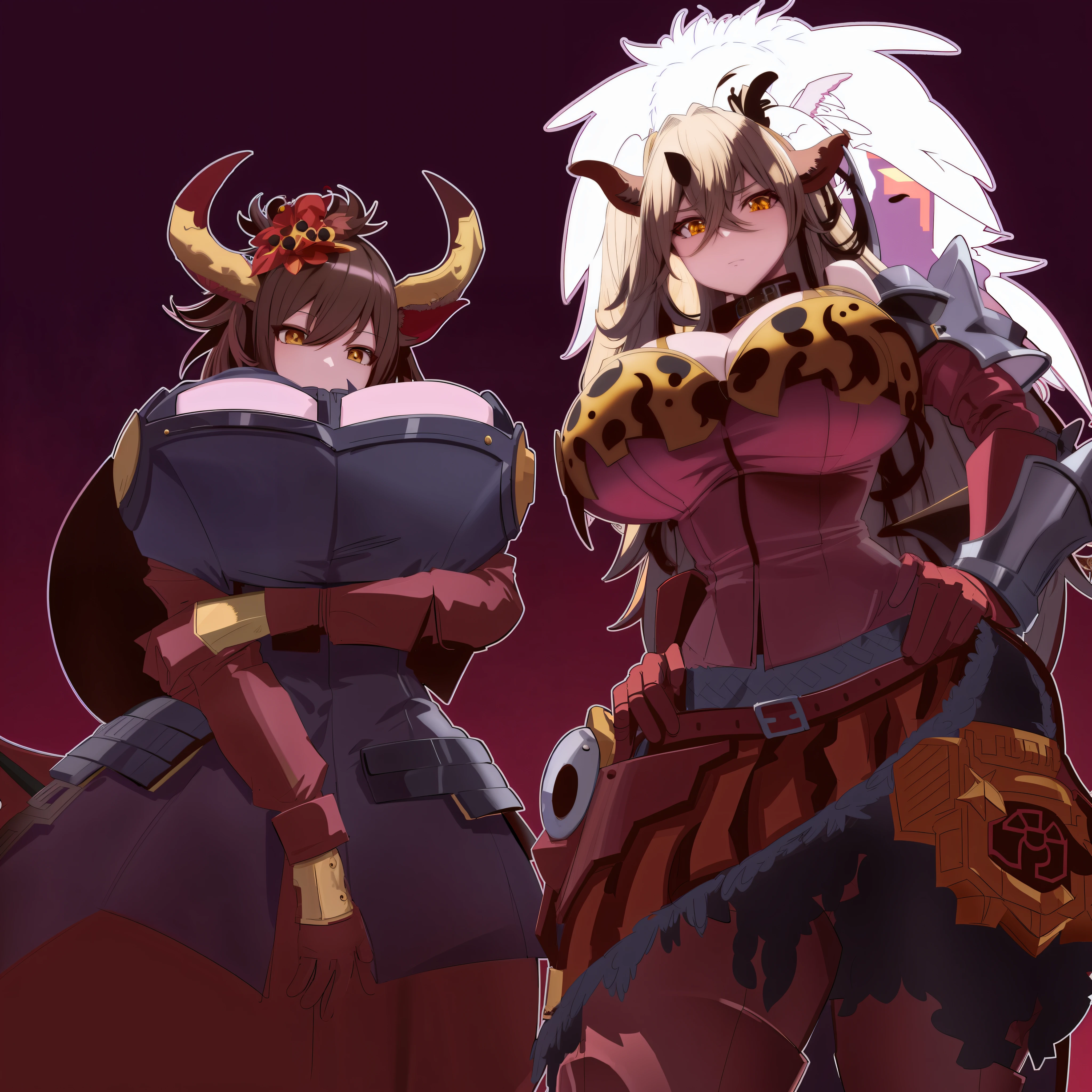 anime characters dressed in costumes and armor standing next to each other, commission for high res, sfw version, guilty gear art style, wip, commission for, danbooru and artstation, tauren, demon slayer artstyle, full res, detailed fanart, jazza and rossdraws, dnd fantsay art, lowres, monstergirl, by Kamisaka Sekka