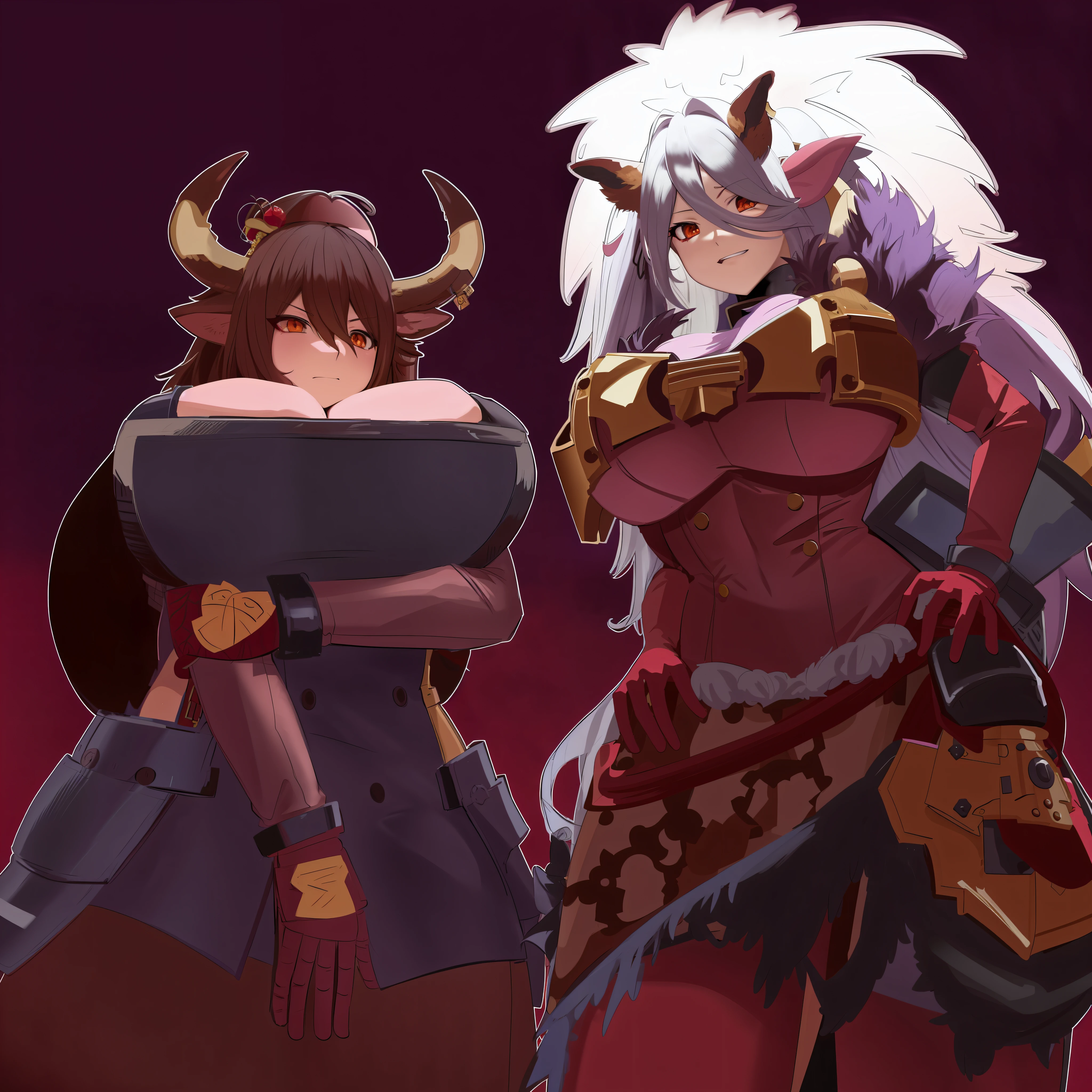 anime characters dressed in costumes and armor standing next to each other, commission for high res, sfw version, guilty gear art style, wip, commission for, danbooru and artstation, tauren, demon slayer artstyle, full res, detailed fanart, jazza and rossdraws, dnd fantsay art, lowres, monstergirl, by Kamisaka Sekka
