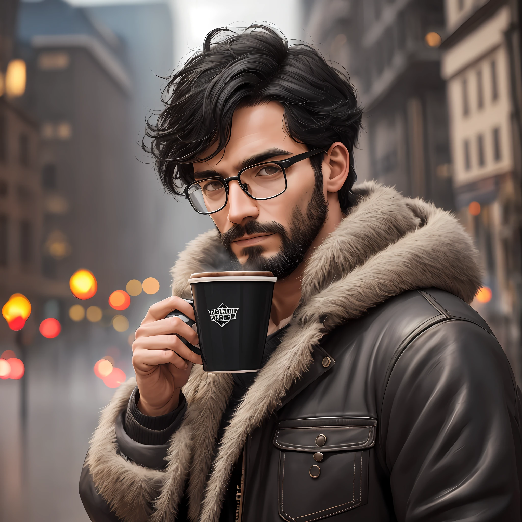 1 man, European, russia, black hair, hipster, Programmer, look at view, 30 years, happy, selfie, ((tired look)), glasses, coffee, highly detailed, more details, cinematic atmosphere, fog, precise correct anatomy, dynamic lighting, post-processing, global illumination, detailed and intricate environment, modelshoot style, 8K UHD