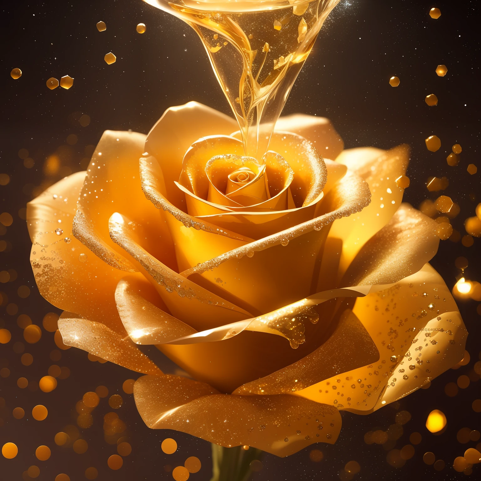 liquid gold being poured over a starlight-infused paper rose, frozen, beads of condensation, sparks and lights in the air, volumetric sunrise lighting, stunning, sublime, beautiful, intricate details, sharp and crisp image, dynamic scene, vibrant prismatic colors,