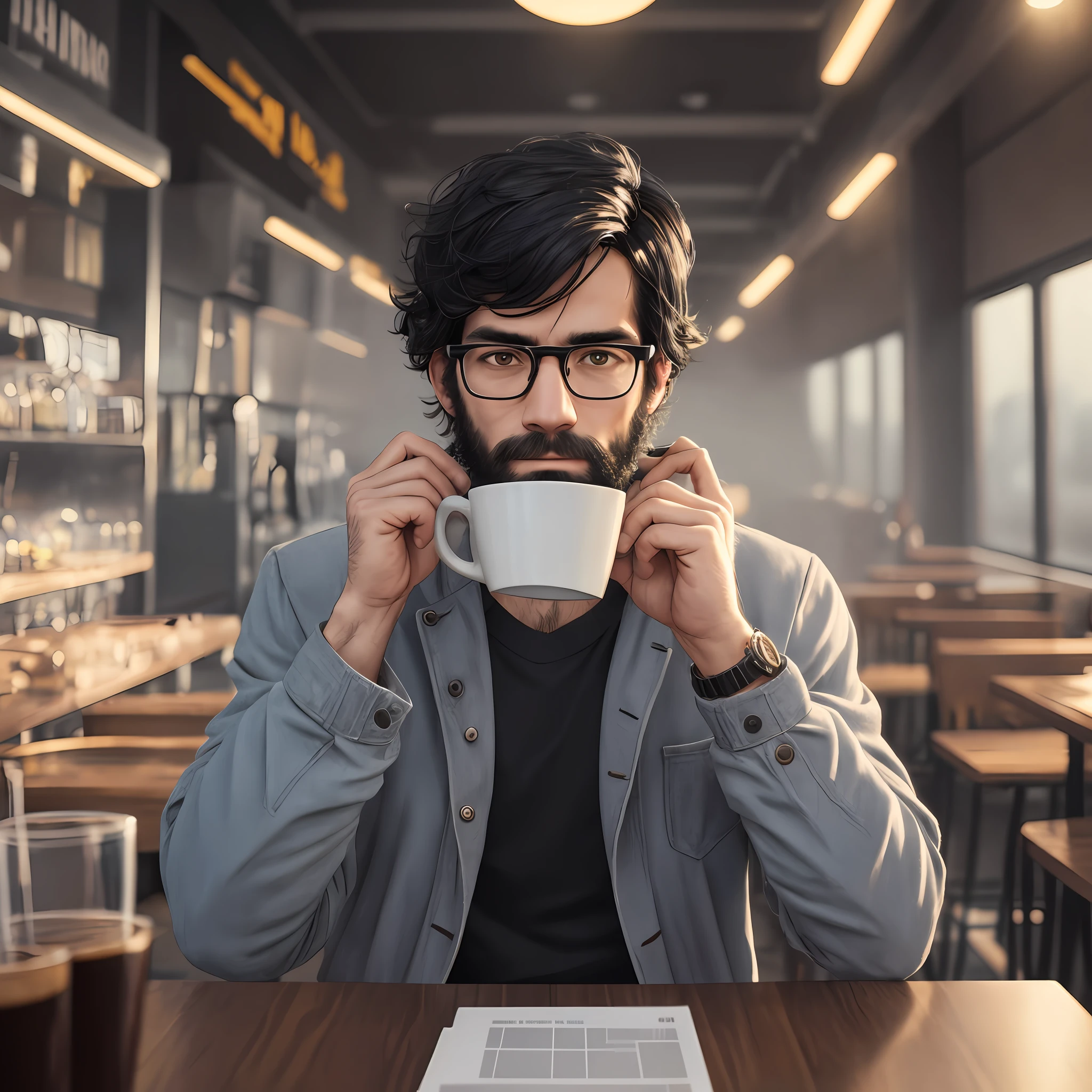 1 man, European, russia, black hair, hipster, Programmer, look at view, 30 years, happy, selfie, ((tired look)), glasses, coffee, highly detailed, more details, cinematic atmosphere, fog, precise correct anatomy, dynamic lighting, post-processing, global illumination, detailed and intricate environment, modelshoot style, 8K UHD