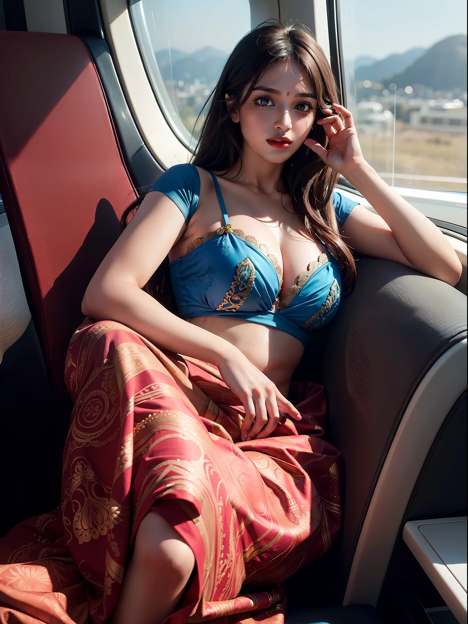 A seductive Indian woman in a vibrant saree, elegantly seated inside a luxurious airplane cabin. Her attire showcases a glimpse of her alluring cleavage, adding a touch of sensuality. The saree is adorned with intricate patterns and rich colors, beautifully draping around her figure. The environment is a modern and lavish plane interior, featuring plush seats, soft ambient lighting, and large windows offering glimpses of the sky. The mood exudes sophistication and allure, with a hint of mystery and adventure. The style for this image prompt is photography, capturing the scene with a high-end digital camera, utilizing a portrait lens with a wide aperture to create a shallow depth of field, enhancing the focus on the woman and her attire. --ar 16:9 --v 5