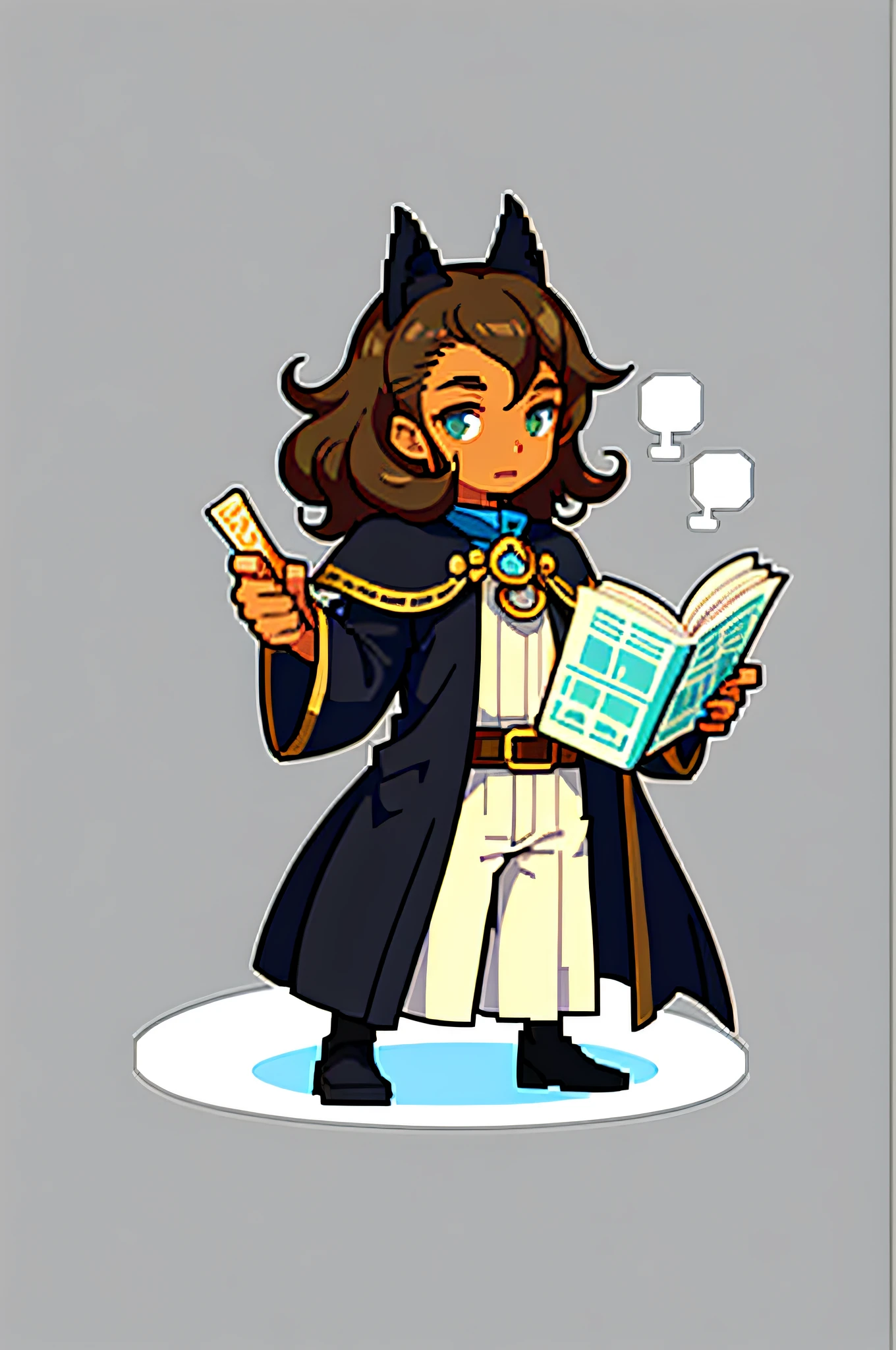 (masterpiece, top quality, best quality), pixel, pixel art, 1 boy, full body, curly brown hair, cat ears, black man, young black boy, medieval clothes, dnd rpg, holding a book, african, grey background, grey background, neutral background,
