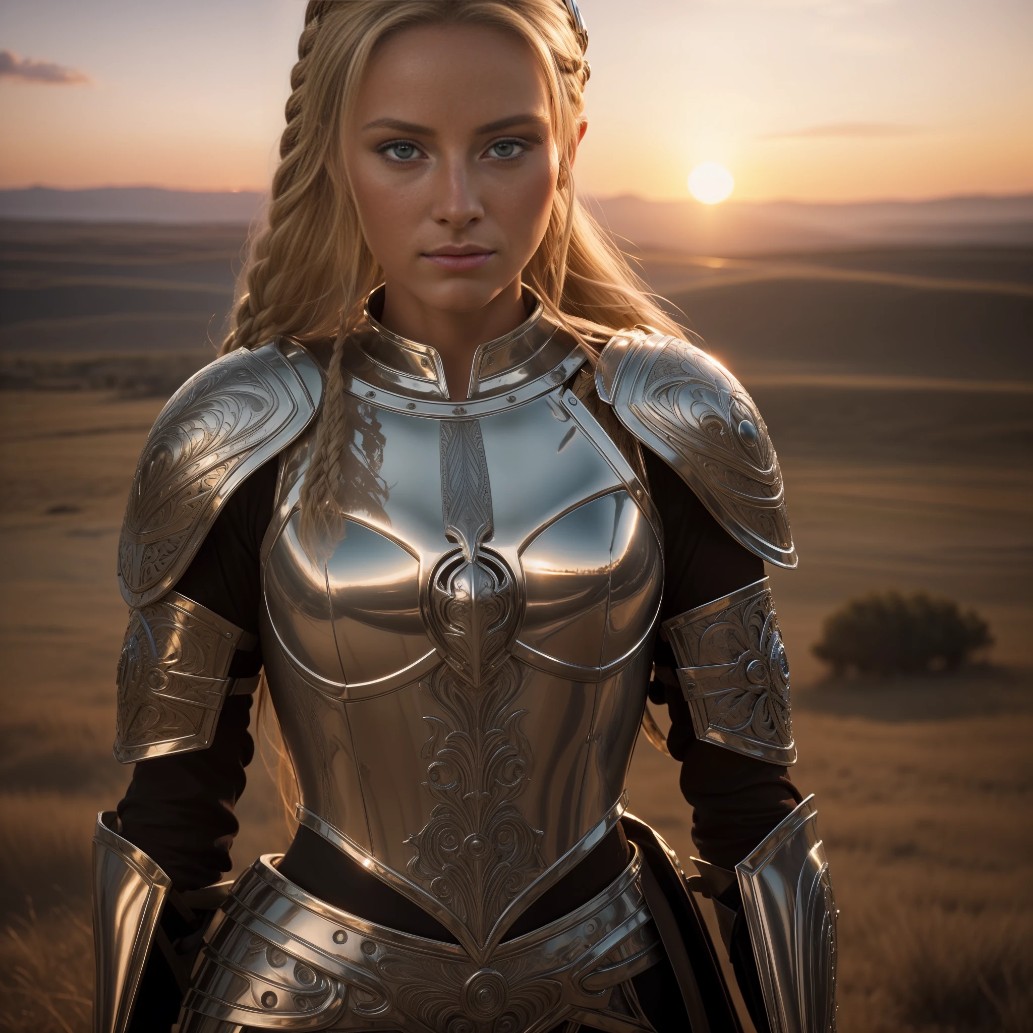 ((hyperrealistic, photorealistic, 8k, intricate details)) Masterpiece, a beautiful blonde knight, blonde woman, blue eyes, oily skin, queen of the battlefield, goddess of battle, in a light feminine armor ((very stylized, chrome)), with her face dirty with soot, hair tied braided, is standing on a hill holding a spear, and looking fearlessly, and in the background, a sunset illuminates creating an aura in her surroundings ((exceptional professional cinematic quality)).