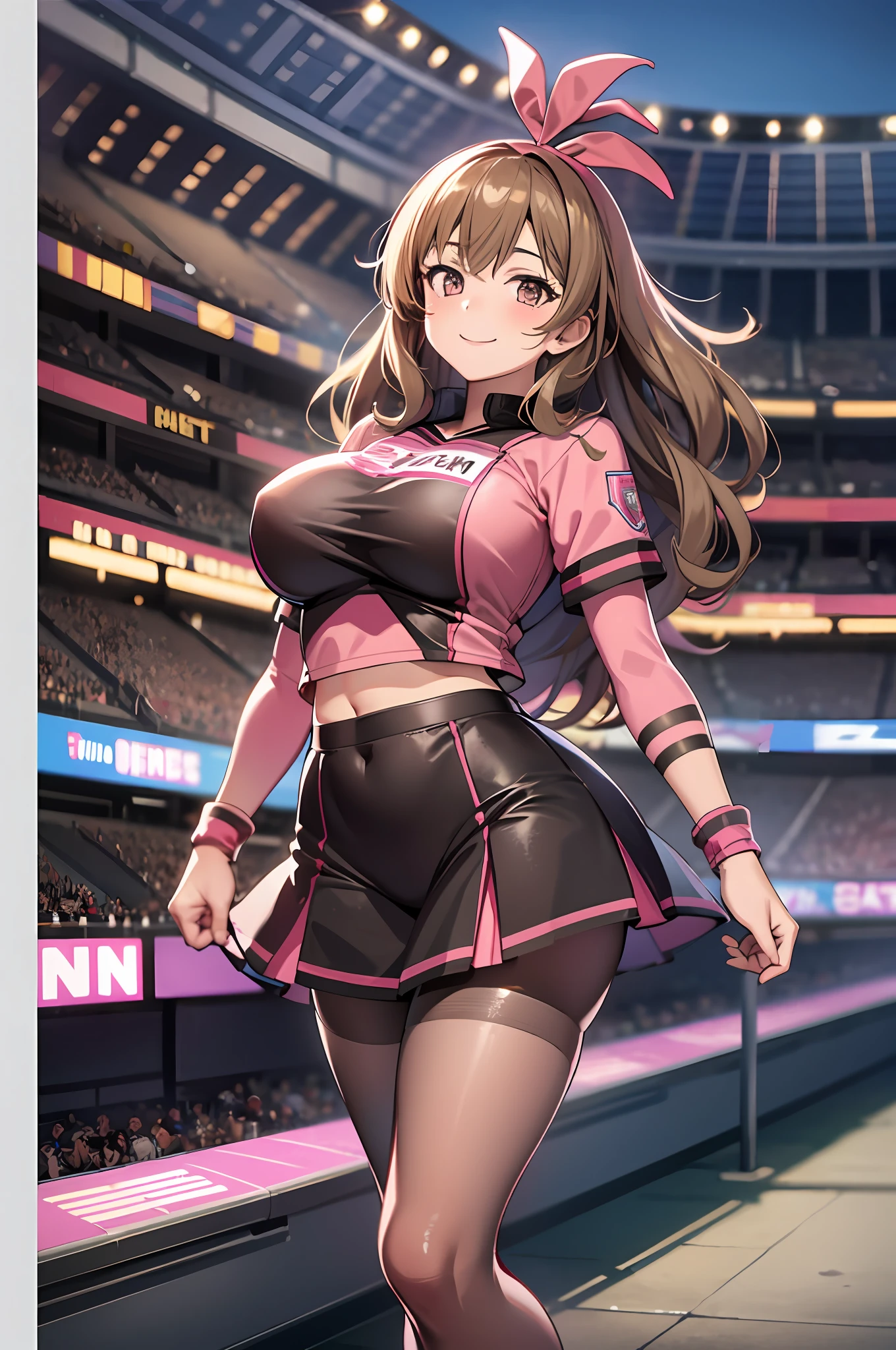 1girl, light brown hair, large breasts, pink cheerleader uniform, smiling, stadium background, night, pantyhose, cowboy shot