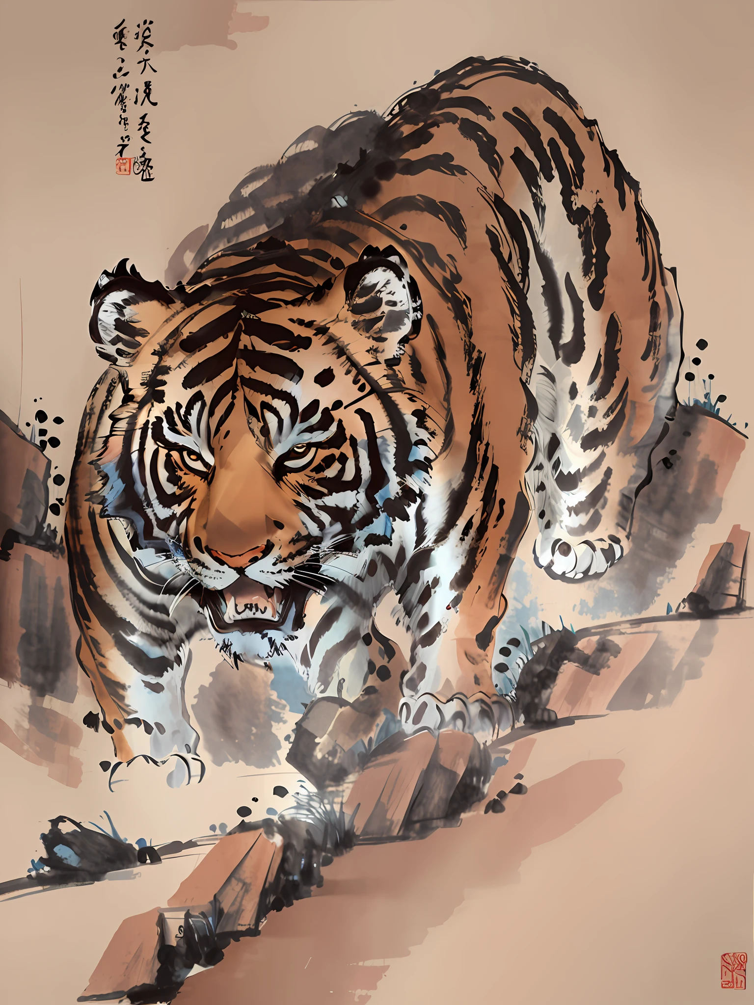 An ancient Chinese ink painting of a tiger descending the mountain, with delicate brushwork and rich details