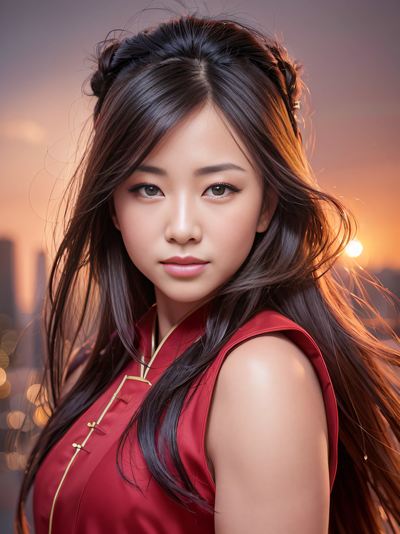 a photo of the beautiful Ming-Na Wen as Mulan, (long hair), wearing typical Chinese red clothes, full body, sunset, 4th century Shanghai city in the background, Han Dynasty, style of (Steve McCurry), Nikon Z FX device, EF 70mm lens, cinematic lighting, studio context, long exposure style, long shot type, vibrant color scene,  photorealistic, intrinsic, beautiful face, ultra-detailed face, perfect body, whole body, flawless, realistic, highly detailed, art station, trend, masterpiece, realistic face, realistic skin, detailed eyes, great art, render ultra realistic n-9, 4K, 8K, 16K, 20K, HDR, UHD, 64K, perfect lighting, studio lighting, photorealistic, hyper realistic, symmetrical face, unreal engine, bokeh, high resolution scanning, professional photography