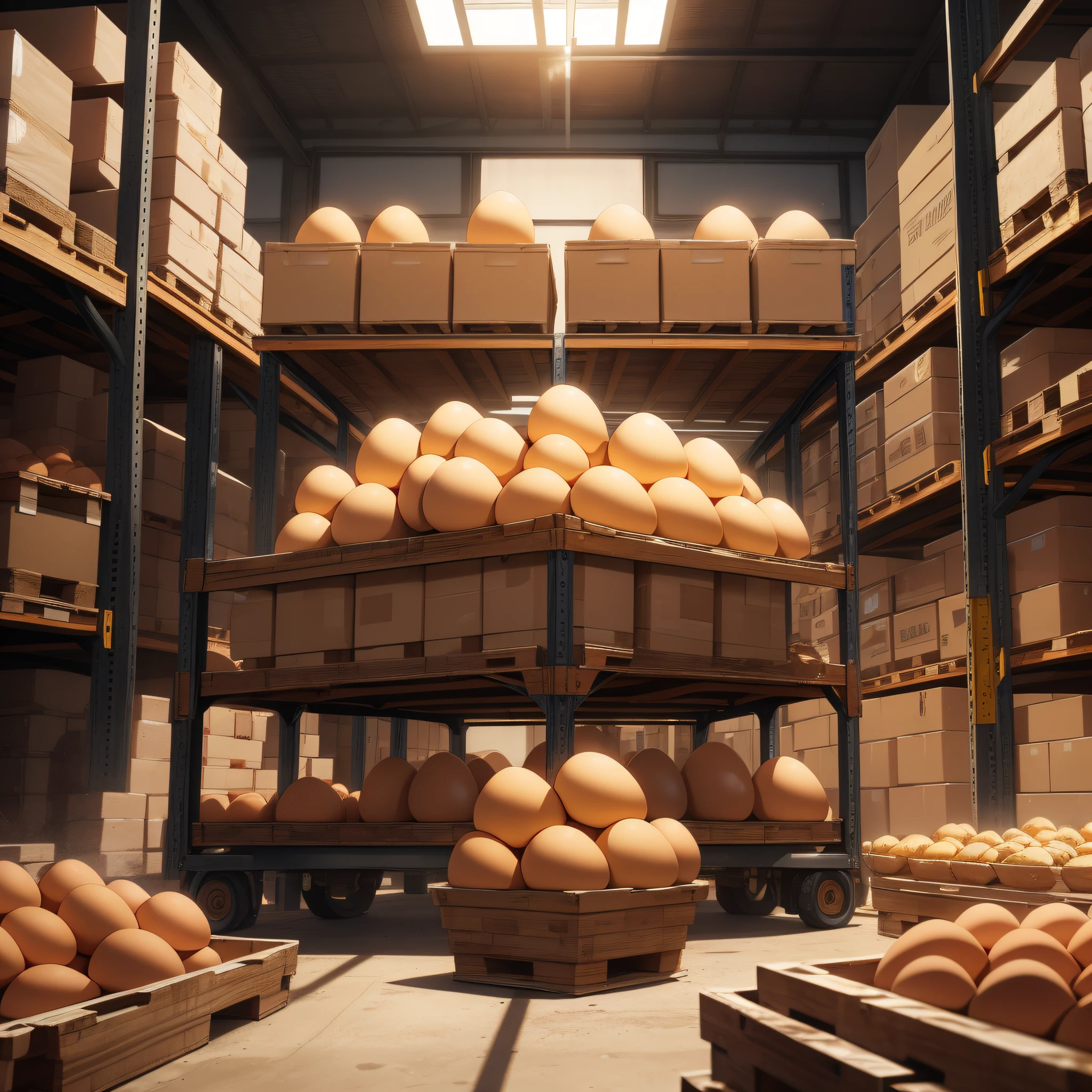 Large warehouse stacked with eggs (heaped with eggs 1.8) (best quality: 1.1) (masterpiece: 1.3) with unparalleled masterpiece, surreal 8K, perfect artwork, super detail, best quality, masterpiece 4K wallpaper aesthetics, masterpiece, award-winning artwork, official art, cinematic lighting
