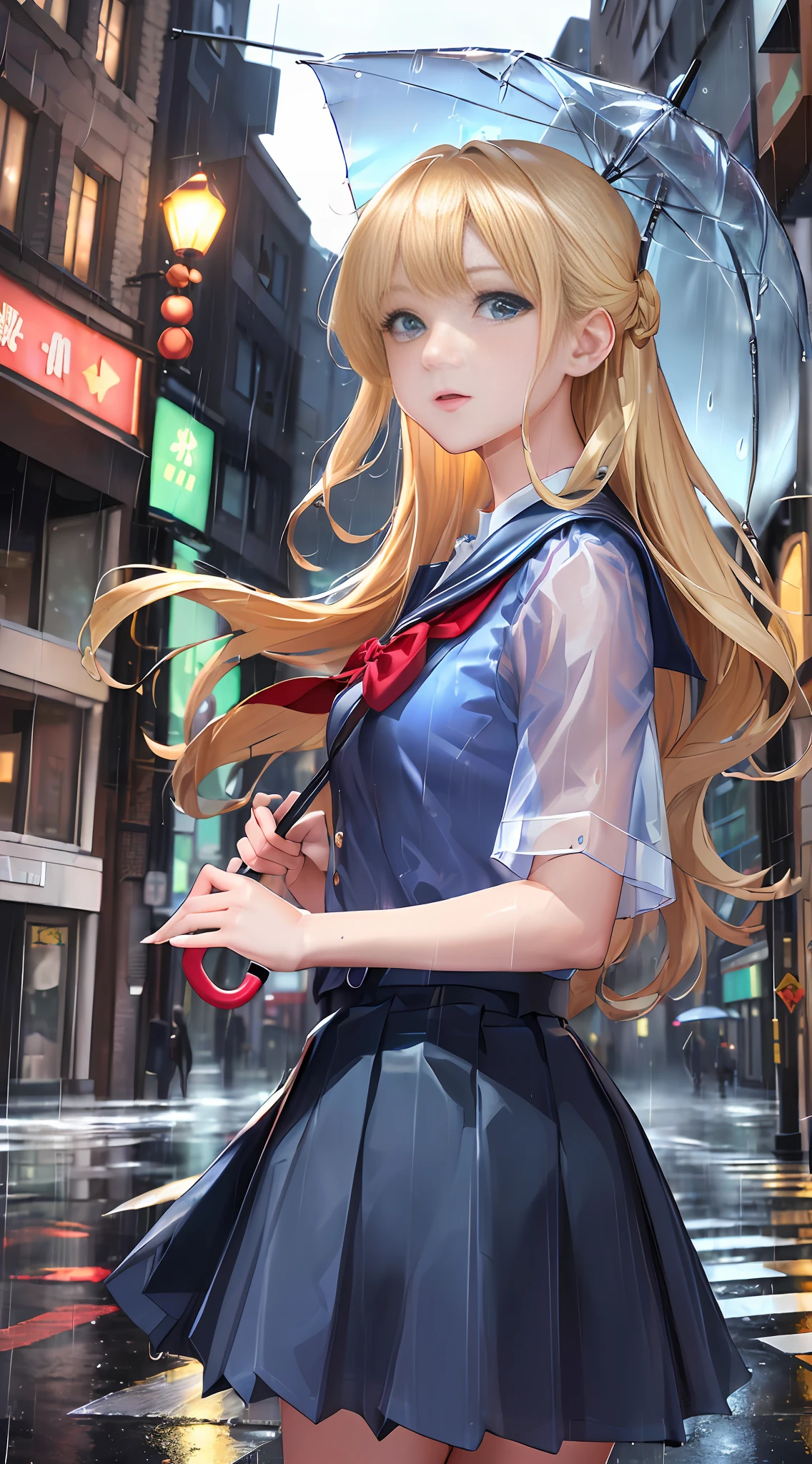 (((masterpiece: 1.5, best quality, high resolution: 1.3, super resolution, super detailed, ultra detailed:1.3, rich background:1.2))), ((face close up)), 1girl, solo, green eyes, blonde long hair tied with blue ribbon, blunt bangs, cute hairpin, school uniform, white serafuku, red sailor collar, short sleeves, blue pleated skirt, (transparent umbrella on hand), (outdoor), ((crossing street)), ((rainy: 1.2)), ((downtown)), (crowd), scenery, ((nighttime)), dark, (lowlight: 1.1), moon, (moonlight: 1.2), ((dynamic light: 1.4))