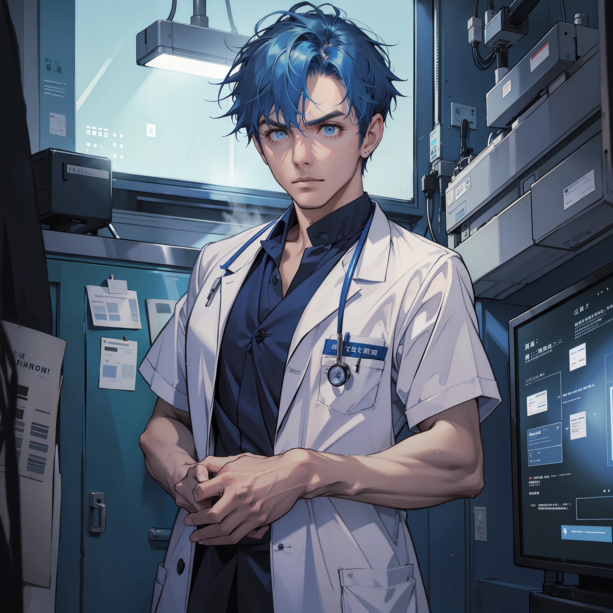 Man, short blue hair, doctor costume, holding needle, backlight, hospital background, dim scene, night, serious, scary atmosphere, bust