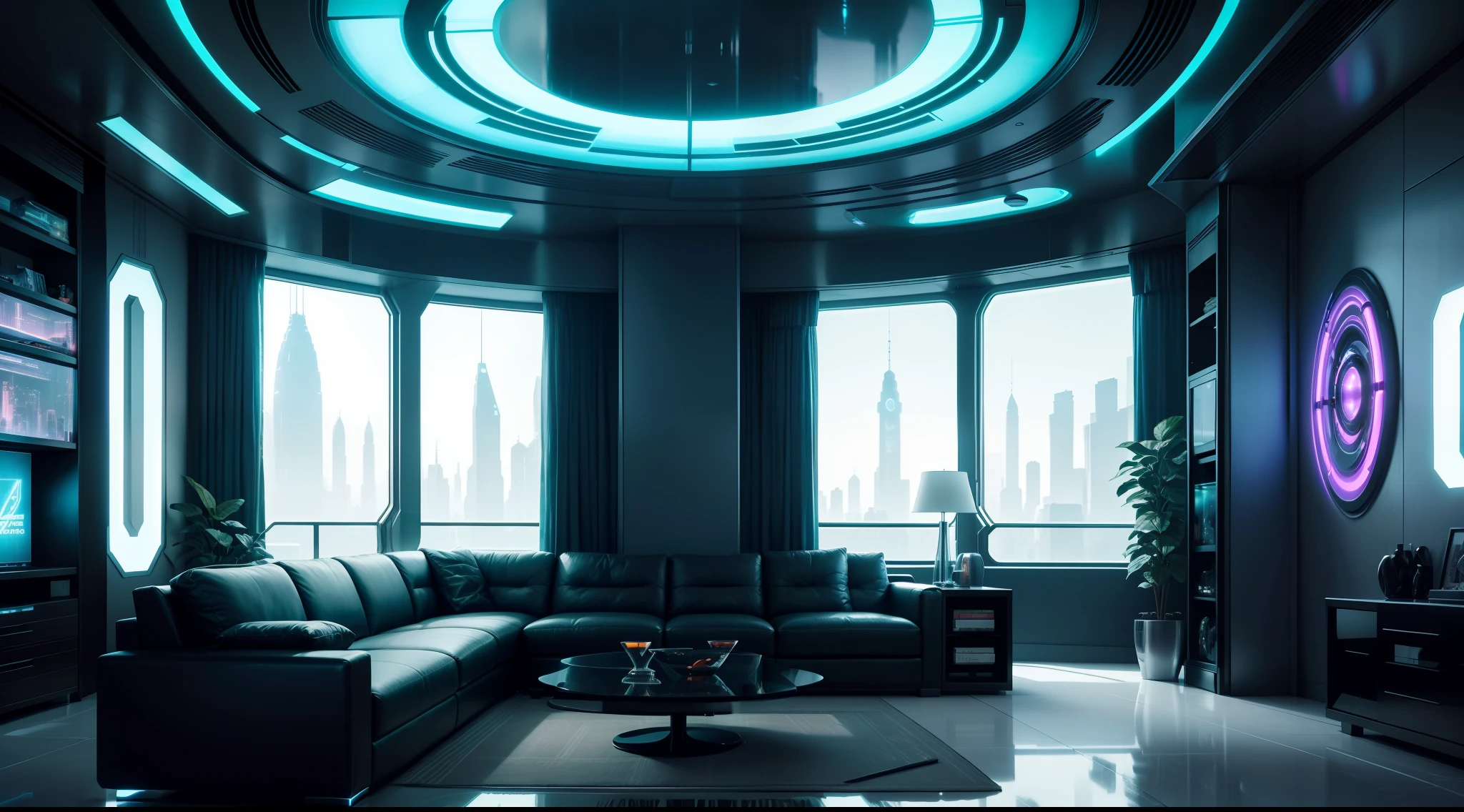 arafed living room with a large couch and a large window, futuristic looking living room, retro futuristic apartment, futuristic room, futuristic interior, futuristic room background, futuristic decor, bladerunner apartment, spaceship interior, sci - fi interior, cyberpunk apartment, sci fi engine room living room, gaming room in 2 0 4 0, scifi room, the cyberpunk apartment