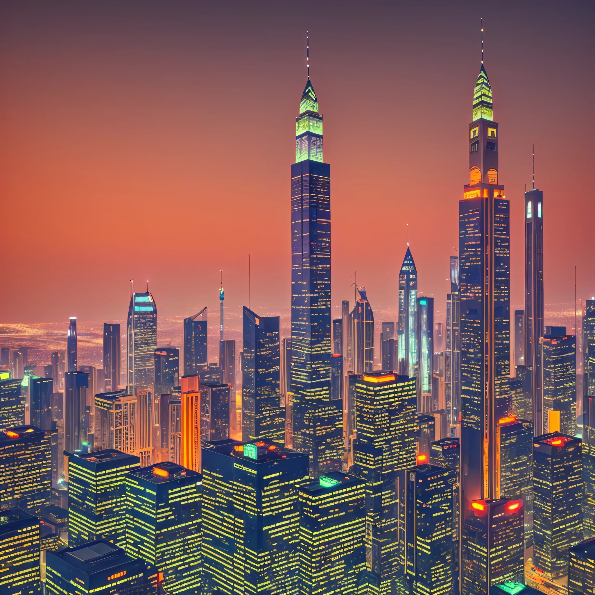 City night view, orange style, cyberpunk, high-rise buildings, minarets, flying machines --auto --s2