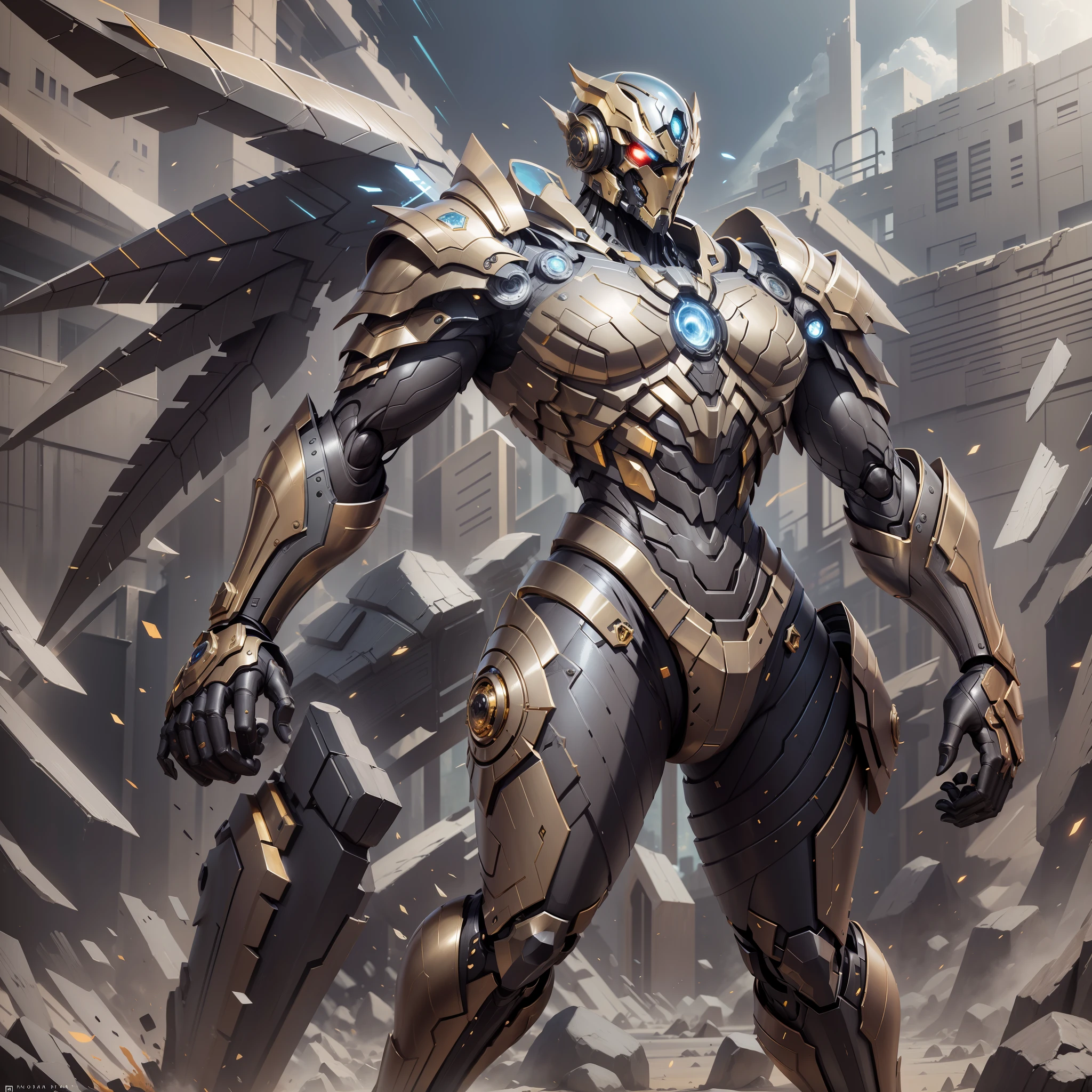 Fine masterpiece, battle armor full body, panorama, super high resolution, heavy paint, elegant, clear structure, exquisite details, Pacific Rim style, tall, golden ratio body, digital painting, sports lighting, film lighting, holographic fragments, particle effects, science fiction concept art, glowing eyes, red and gold color contrast all over the body, exquisite carving, female machine, metal wings at back, cancel skirt