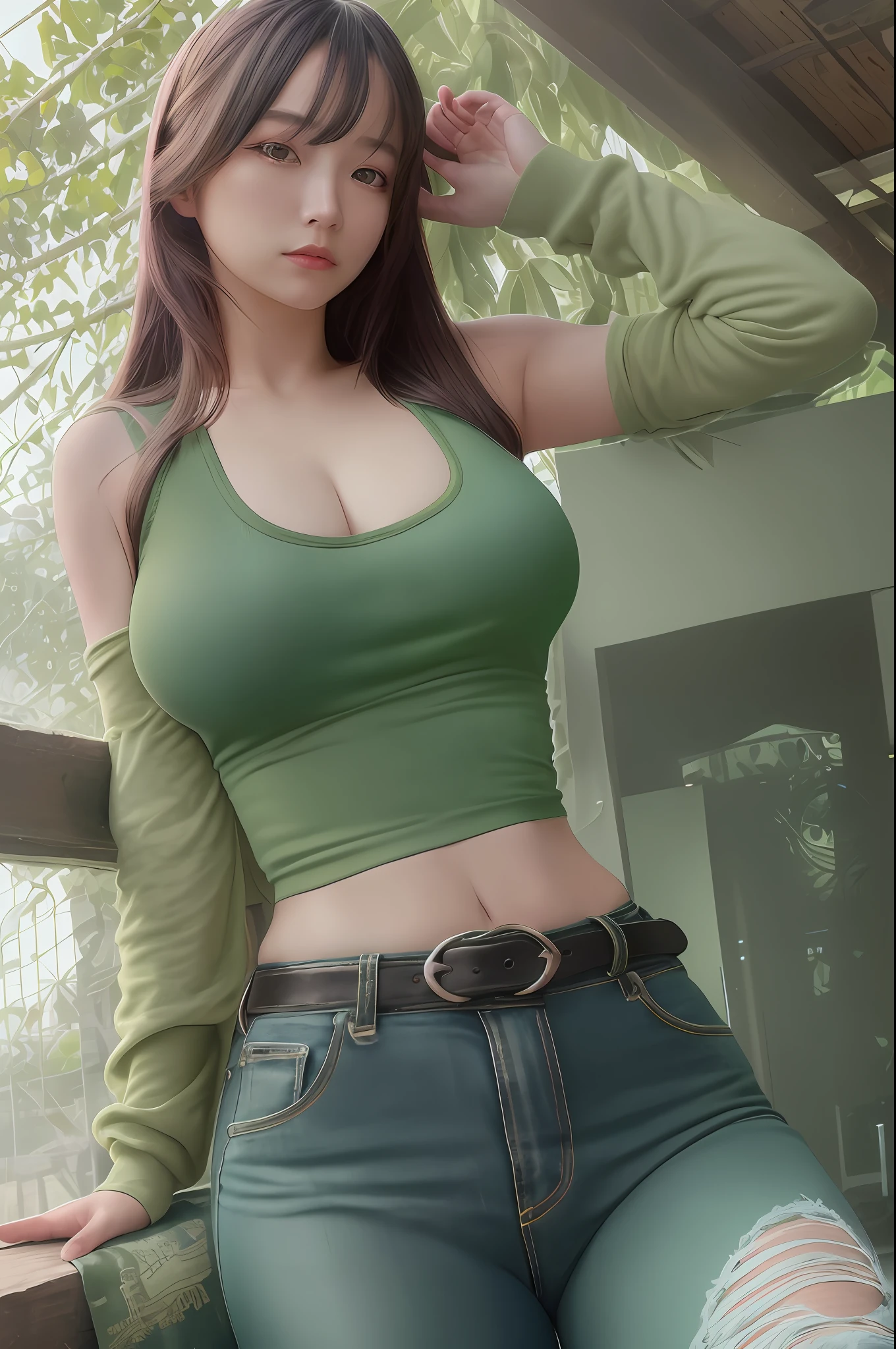 picture of a woman (wearing a tight green tank top:1.2), (wearing long jeans:1.1), big breasts, modelshoot style, (extremely detailed CG unity 8k wallpaper), photo of the most beautiful artwork in the world, professional majestic oil painting by Ed Blinkey, Atey Ghailan, Studio Ghibli, by Jeremy Mann, Greg Manchess, Antonio Moro, trending on ArtStation, trending on CGSociety, Intricate, High Detail, Sharp focus, dramatic, photorealistic painting art by midjourney and greg rutkowski, (leather belt), (in the zoo:1.1), (looking at viewer), (detailed eyes:1.2)