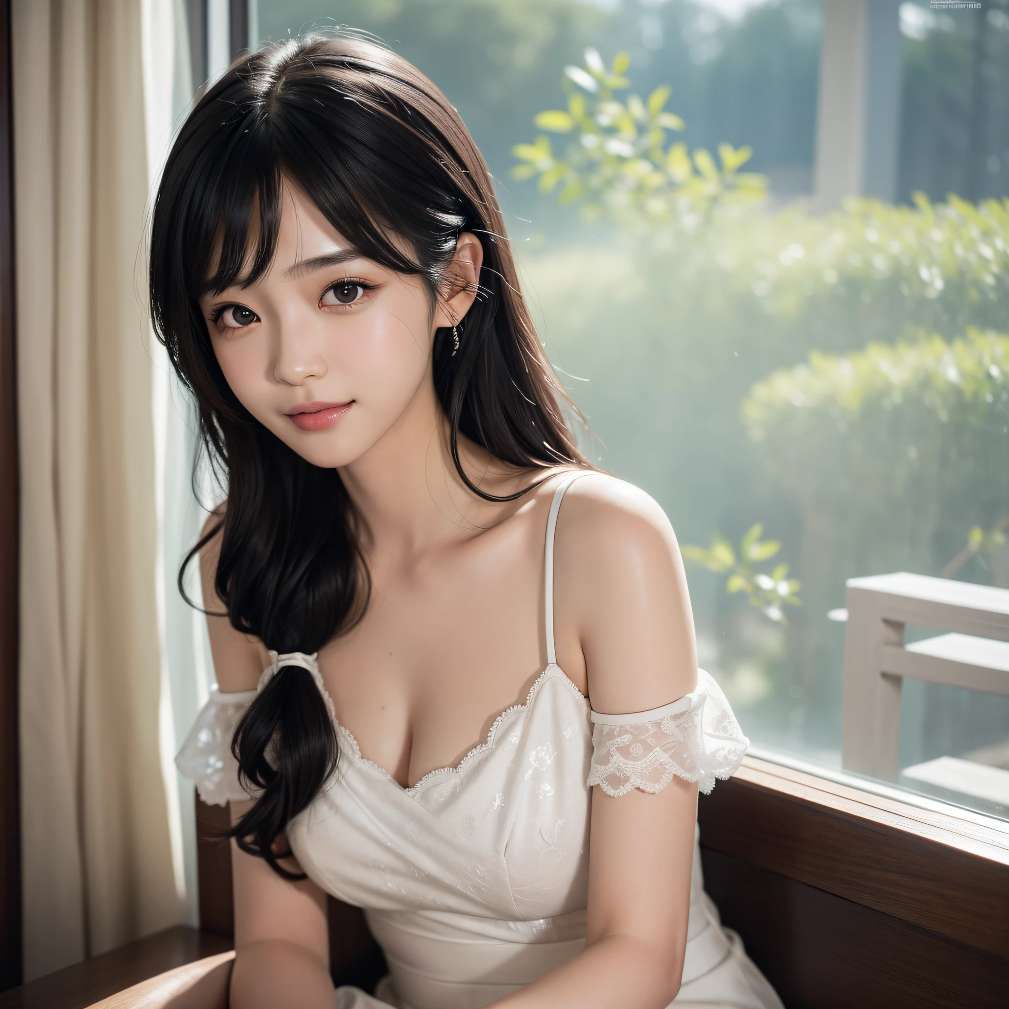 Realistic photo, soft natural light, Japan idol, smooth soft skin, drooping eyebrows, gentle eyes, drooping eyes, natural skin texture, long hair, dull bangs, soft lighting, detailed face, photorealism, sparkling soft pastel colors, looking into the camera, frontal, (black eyes), black hair, photorealistic painting, sharp focus, 8k, white dress, perfect composition, Trending in Artstation, highly detailed, Unreal Engine 5, pictures, cinematic smooth and intricate details, studio photos, very detailed, detailed hairstyles, smile. Simple background.