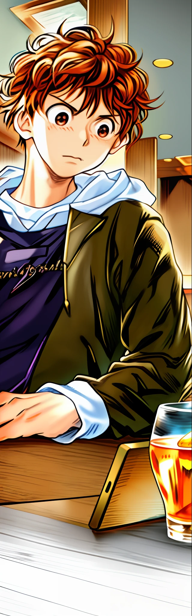 a boy sitting at a table with a glass of water, brown hair, color manga style, color manga panel, hyperdetailed!!, color manga page, close-up!!!!!, manga style of kentaro miura, heavy gesture style closeup, hyper detailed manga drawing, color manga