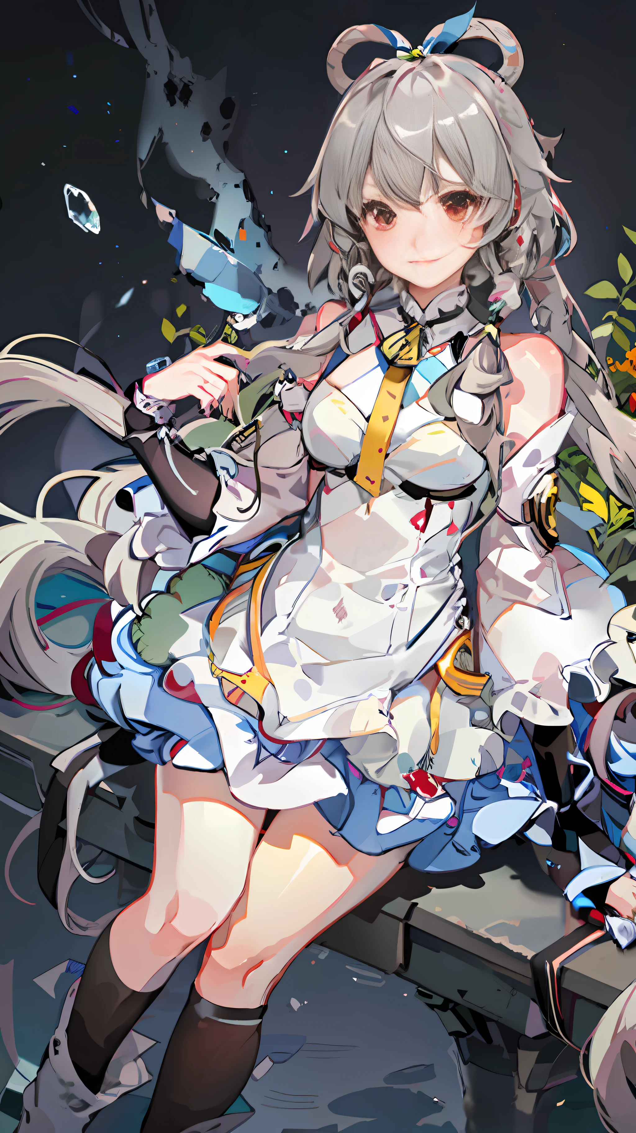 Unity 8k wallpaper, super detailed, masterpiece, realistic, 1 girl, horn, blush, long hair, gray hair, striped hair, red eyes, hair bow, moles under the eyes, black thighs, from below, cross arms, sitting, feet pointing ...