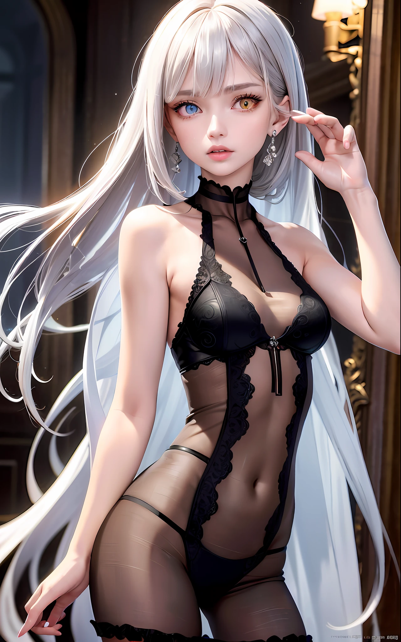 Superb Quality, Masterpiece, High Resolution, Best Quality, UHD, Super Detail, Award-Awarded, 16k, (upper body), A beautiful girl, Gray hair, Hair, ((Heterochromia)), Hanging eye corners, Fair skin, (Small breasts), (Slim body), ((Sheer dress)), (Neck ring), (Short gloves as short as half a palm)