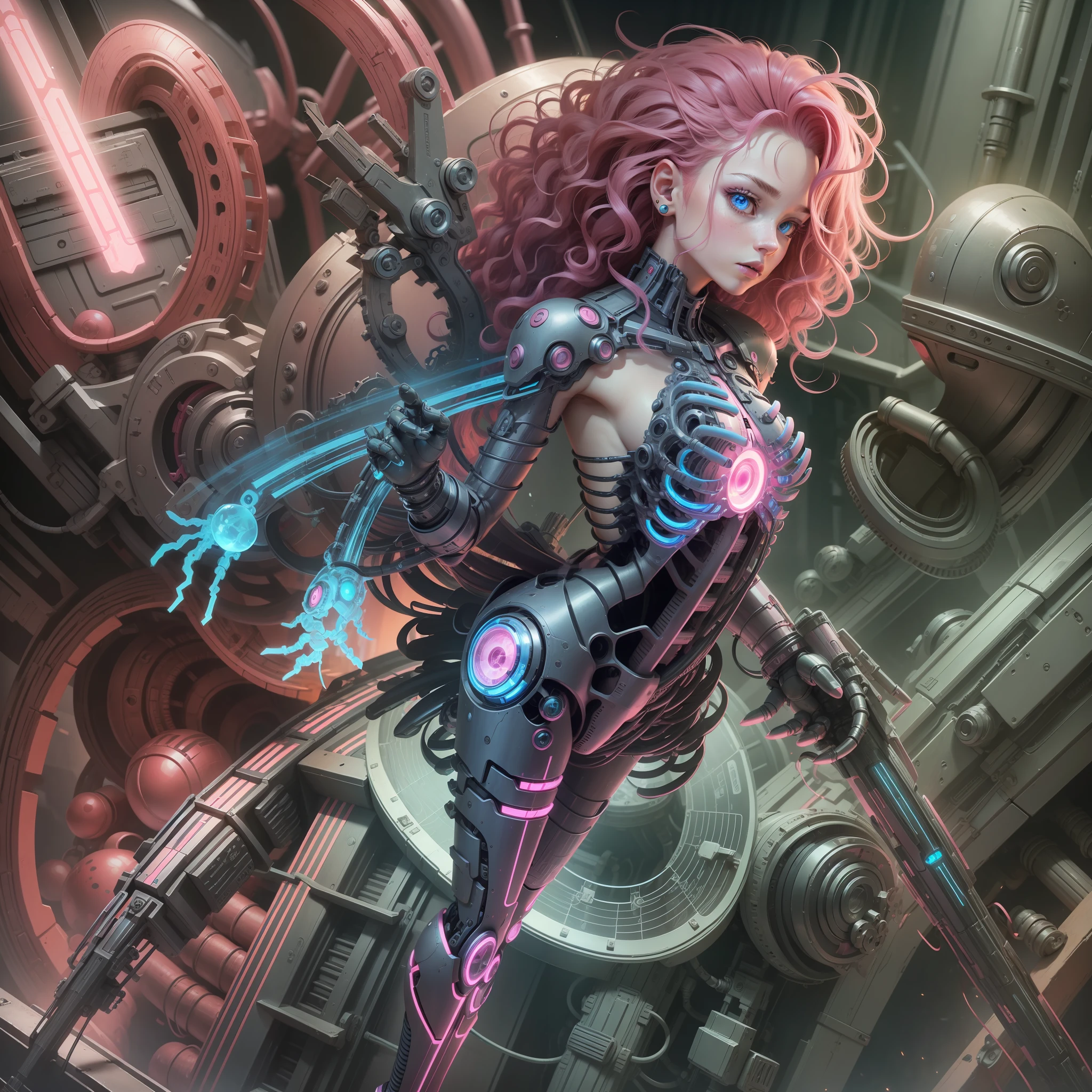 Pinkie Pie Cyborg Girl, Pinkie Pie of My Little Pony, Bio Organism, Non-Human, Mechanical Parts, Curly Hair, Lush Hair, Dark Crimson Hair, Long Hair, Bionic Body Parts, Missing Skin, Completely Cyborg, Cybernetic Organism, Mechanical Arms, Mechanical Legs, Red Glowing Eye, Blue Eyes, Full Growth, Full Body, Very Detailed, Ultra 8k Quality, Broken Parts, Holes in Mechanisms,  not a living organism, runes and blue magic, a lot of pink, pink lights, a high-speed pink trail, earrings balls, a lot of magic