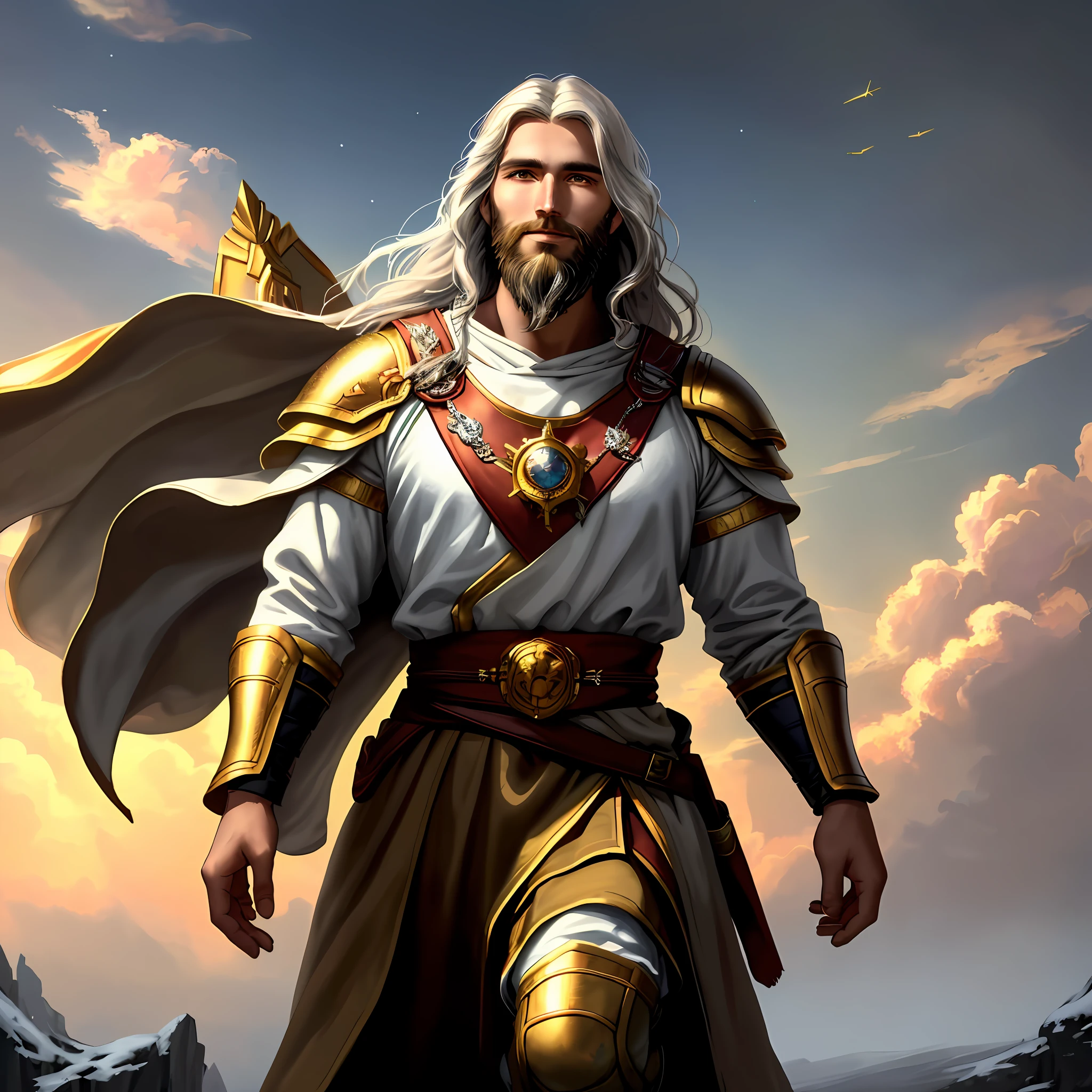 oil painting, oil painting, surrealism, projected shadow, (beautiful perfect face:1.5), an impressive landscape of 30-year-old male Jesus coming into the skies over the clouds with great power. The background should have rays and clouds in a night sky, face equal to the midday sun, crown on the head, hair and beard white as snow, dressed in a tunic and a golden breastplate, eyes like flames of fire, feet like refined bronze in the furnace, serene smile (perfect face: 1.5) (highly detailed skin: 1.2), 8K UHD, DSLR, Soft Lighting, High Quality, Grain Film, Fujifilm XT3