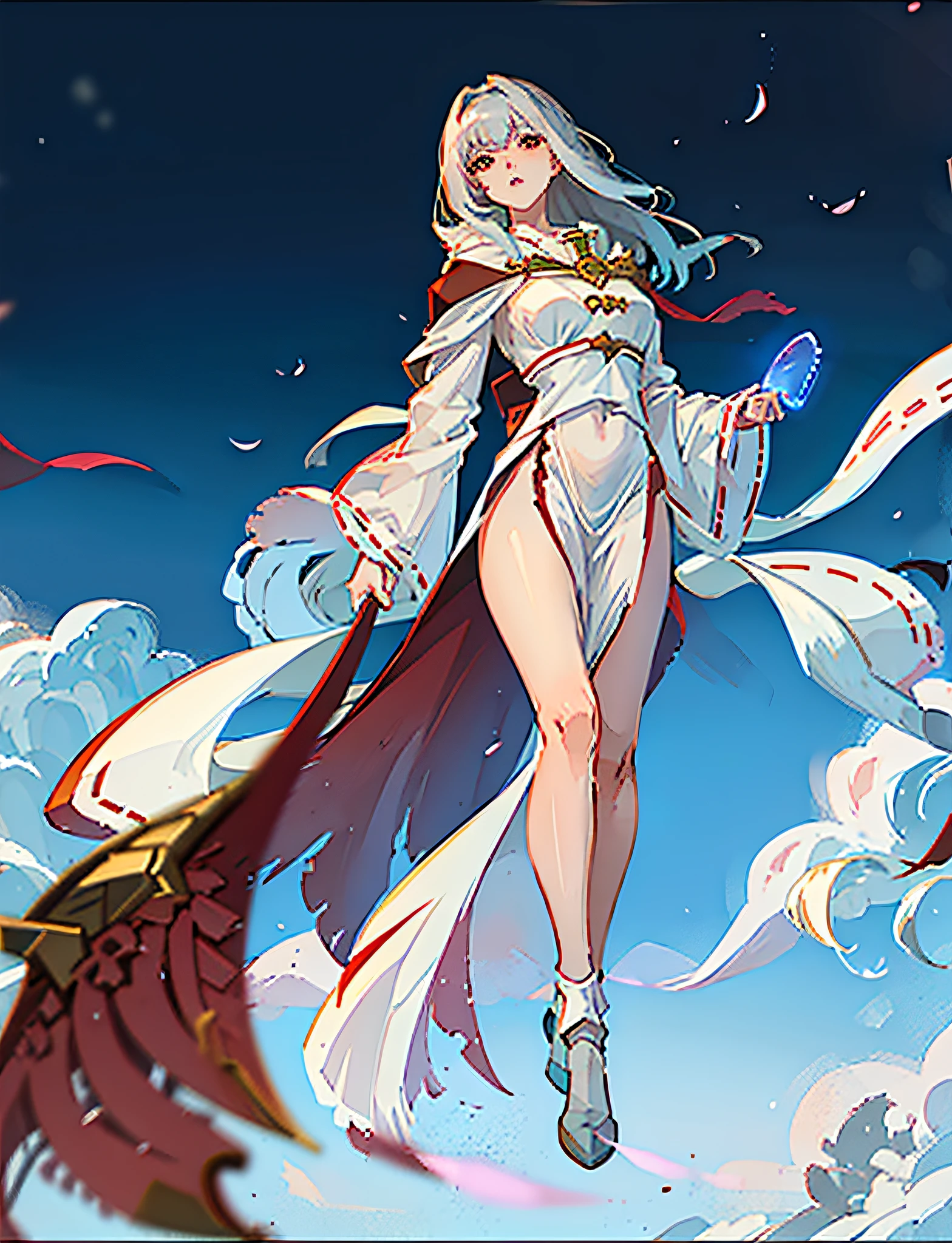Masterpiece, best quality)), high resolution), anime girl standing in front of dark background in a white dress), dress, ((in noble robes)), flowing white robe, soft art style, flowing hair and robes, wearing a long skirt, Sona slim figure, wearing a long white skirt!! Silver