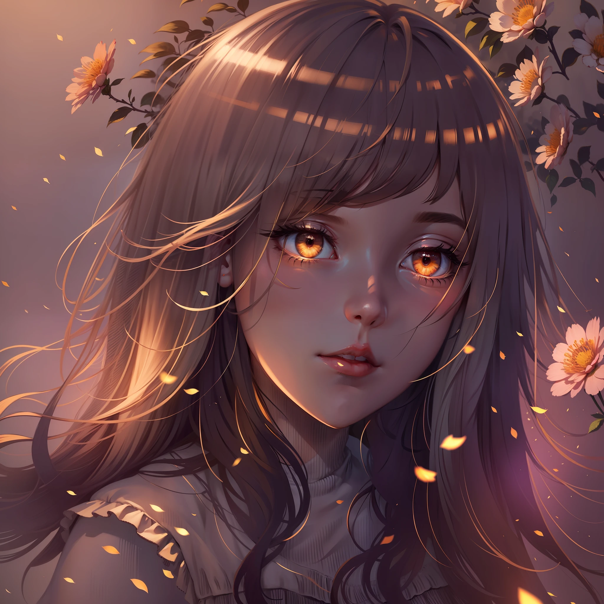 "Create a girl with long hair and bright eyes, in realistic and high-quality illustration style, with soft lighting and delicate shadows. The setting should be a flowery field with a light breeze and soft sunlight."