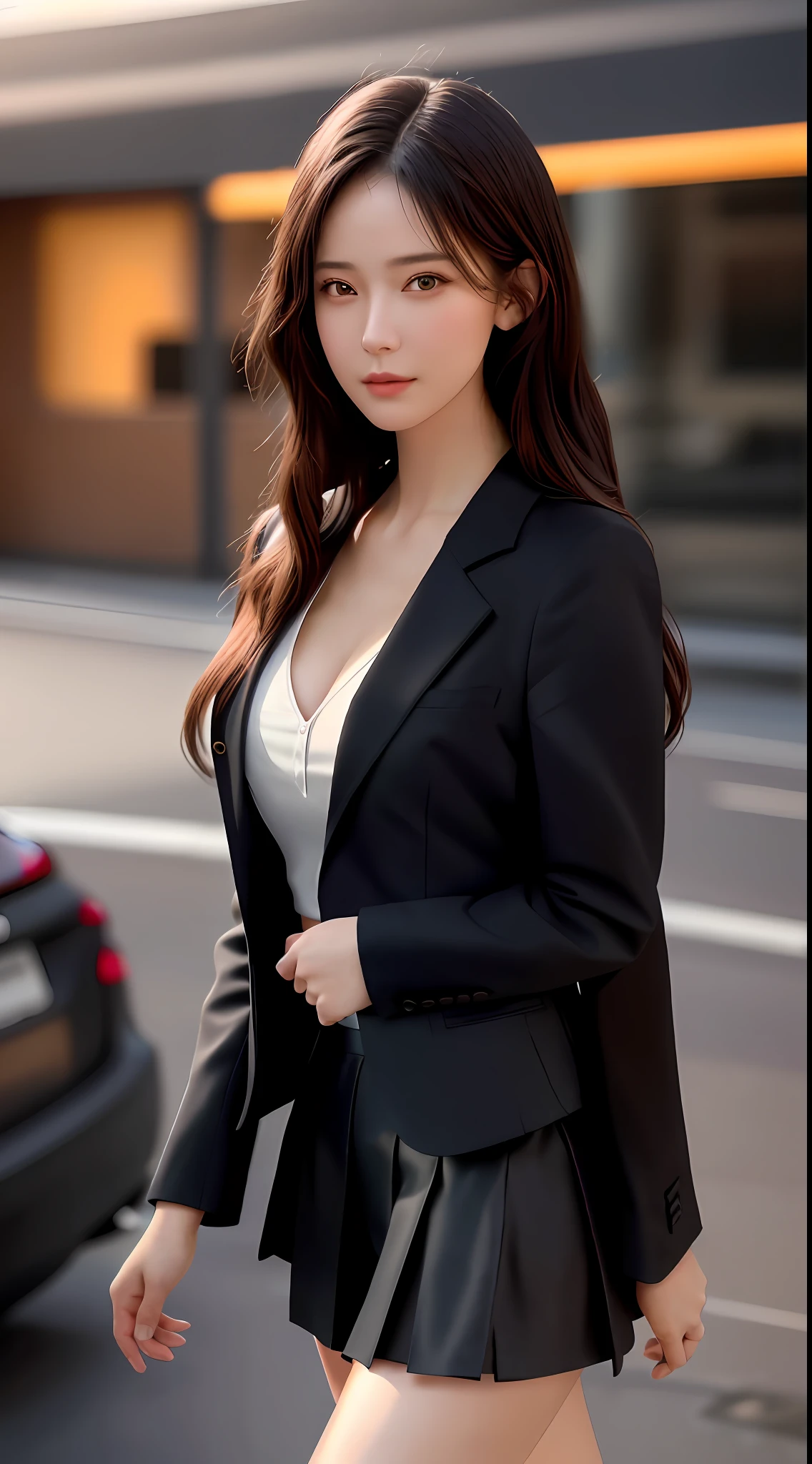 best quality, masterpiece, 1girl, Beautiful face, (photo realistic:1.3), rim lighting, (high detailed skin:1.2), 8k uhd, dslr, high quality, high resolution, 4k, 8k, Bokeh, absurdres, best ratio four finger and one thumb, (realistic:1.3), cute 1girl, wearing black formal blazer, medium breasts, short skirt,