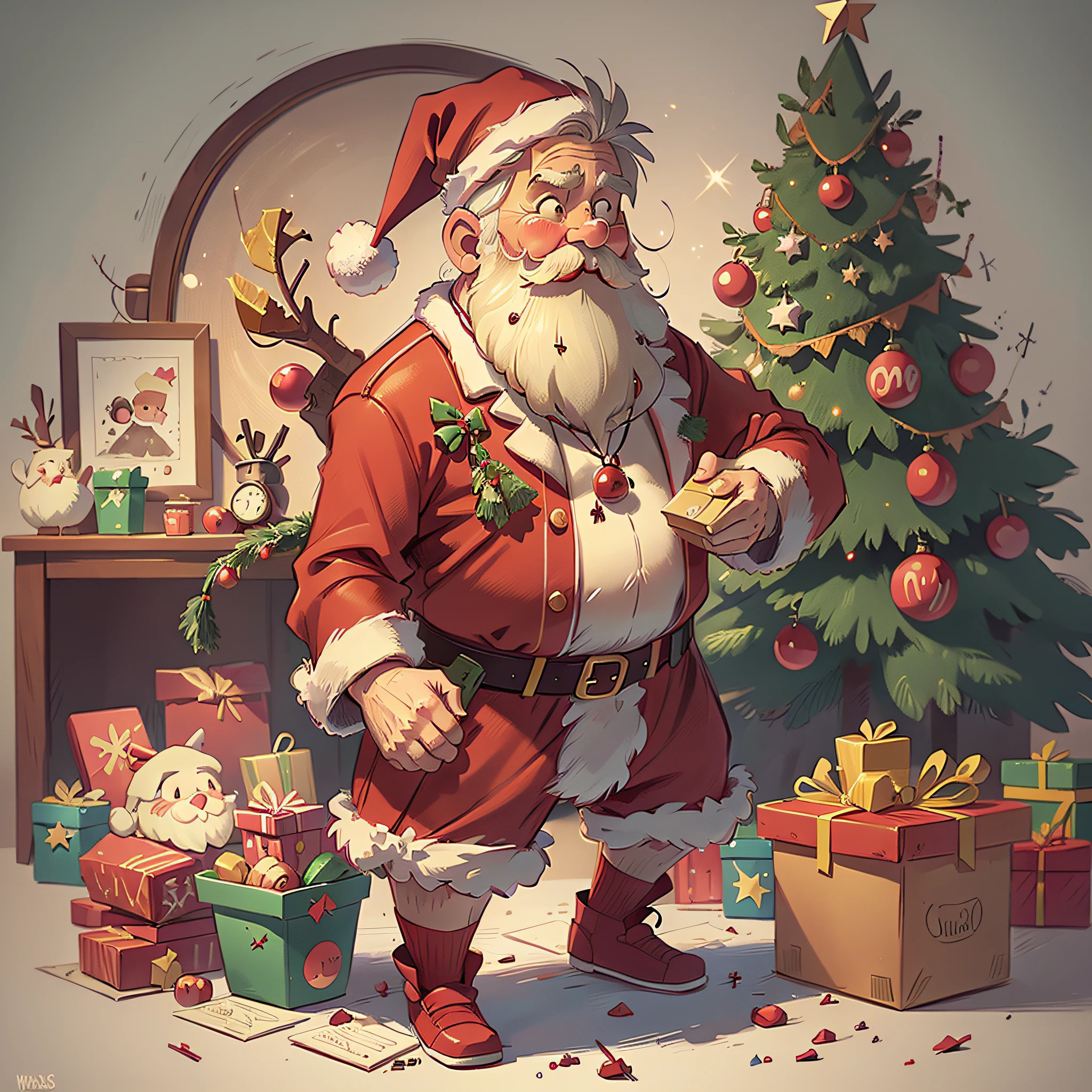 A Santa Claus who is giving presents, night, cartoon illustration style, vintage tones, Christmas tree
