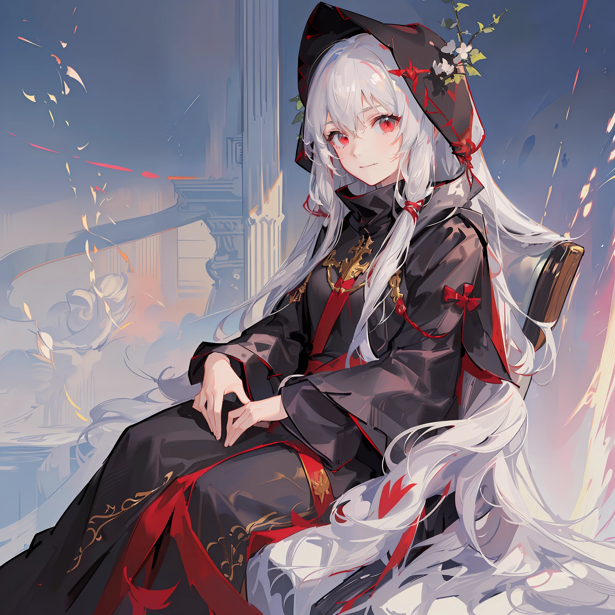 Maiden, black robe, hood, cape, red eyes, long white hair, faint smile, sitting on a delicate throne