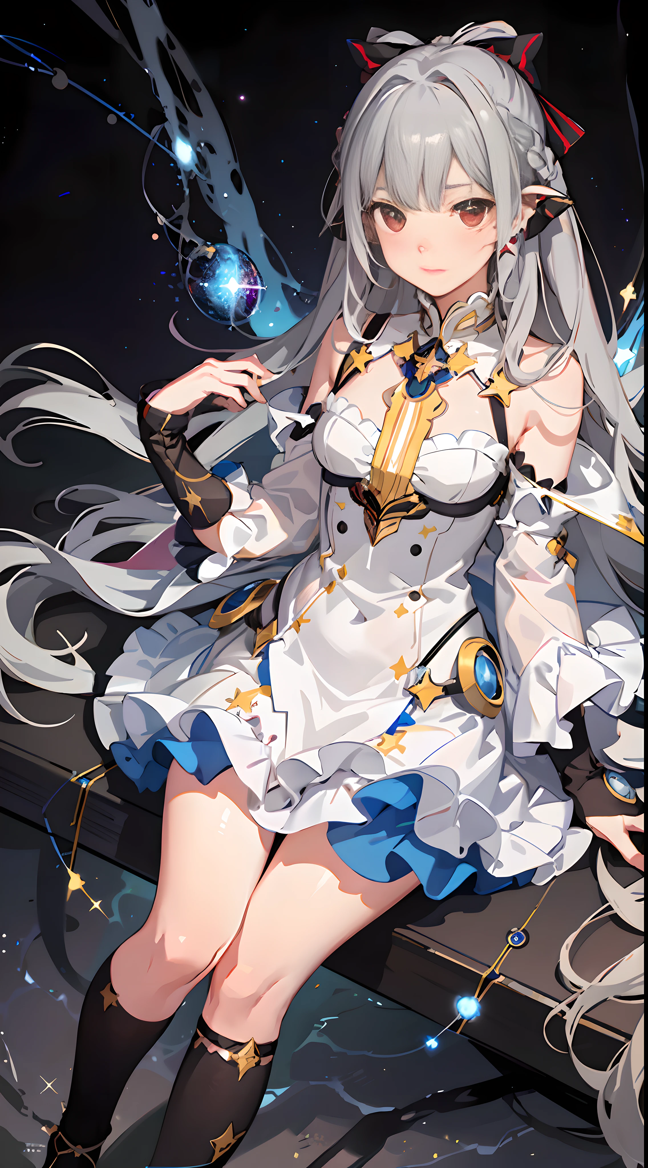 Unity 8k wallpaper, super detailed, masterpiece, realistic, 1 girl, horns, blush, long hair, gray hair, striped hair, red eyes, hair bow, moles under the eyes, black thighs, from below, cross arms, lying down, (background is cosmic starry sky), feet pointing ...