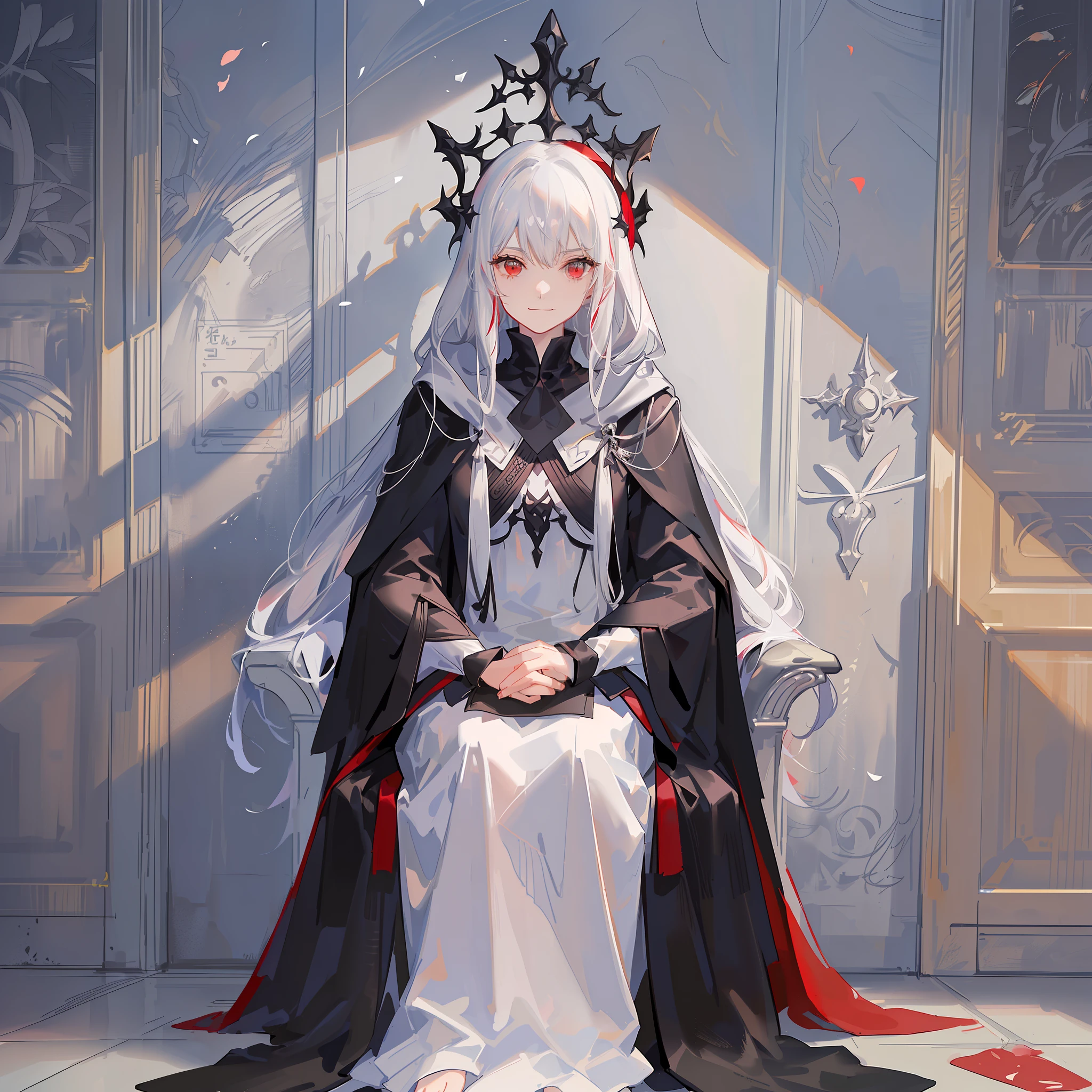 Maiden, black robe, hood, cape, red eyes, long white hair, faint smile, sitting on a delicate throne