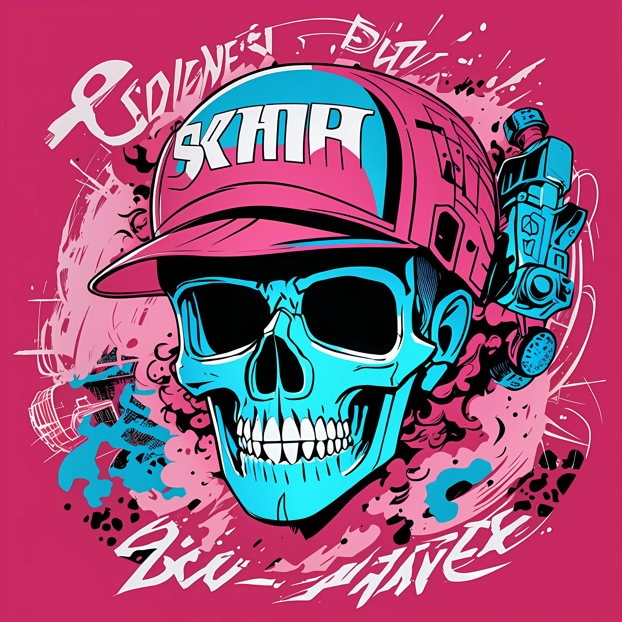 skull, skateboard, 80's vector image, T-shirt design, isolated, black background, cyanoe pink illustration only with letters "TDR" --auto --s2