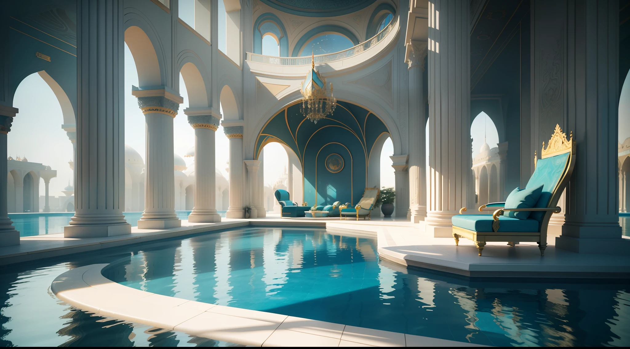 a close up of a pool with a lounge chair in it, futuristic persian palace, a pool inside the giant palace, futuristic architectural art, exquisitely designed throne room, solarpunk architecture, vincent callebaut, decadent throne room, organic architecture, dream pool, futuristic palace, beautiful 3 d rendering, gorgeous 3d render, underwater home