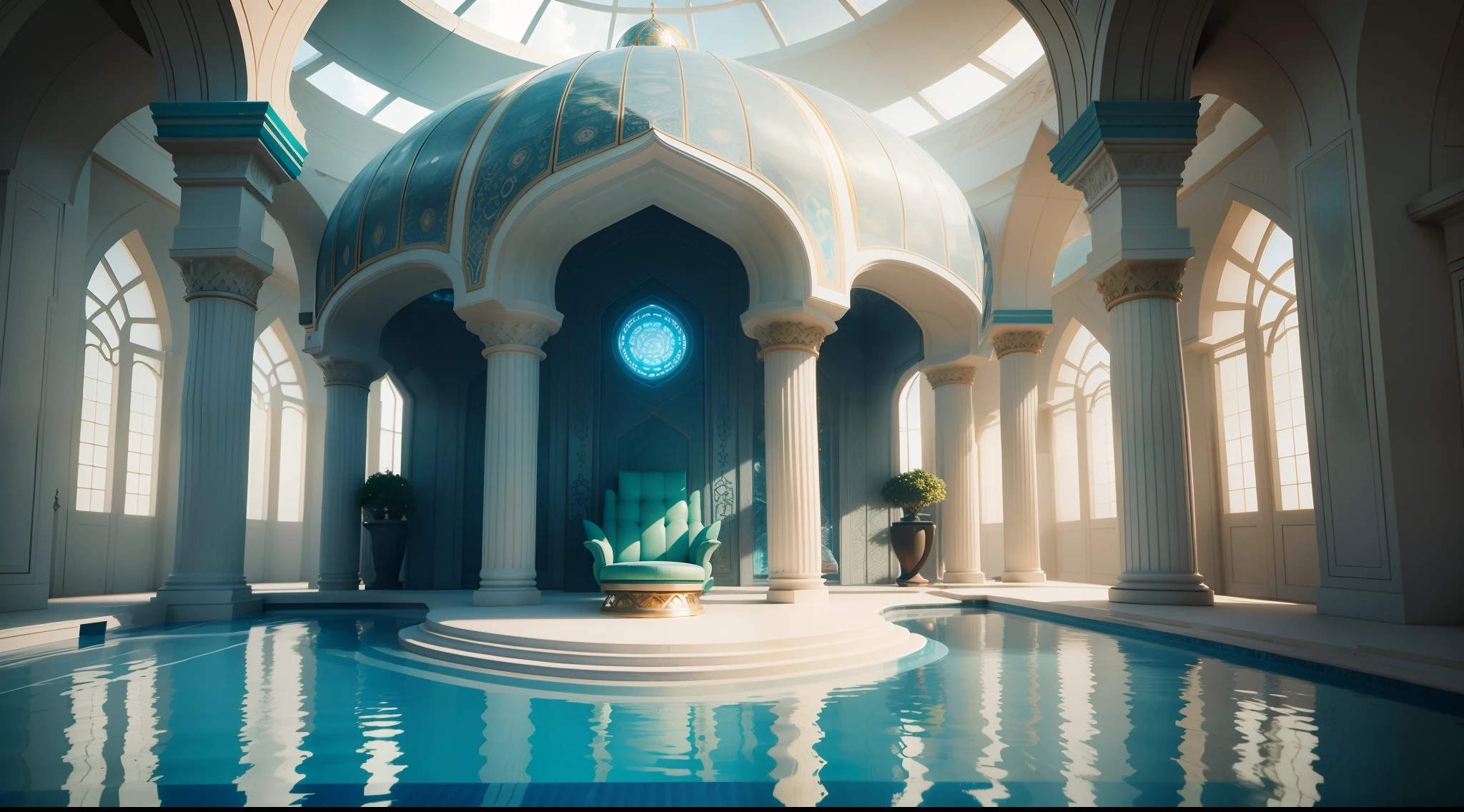 a close up of a pool with a lounge chair in it, futuristic persian palace, a pool inside the giant palace, futuristic architectural art, exquisitely designed throne room, solarpunk architecture, vincent callebaut, decadent throne room, organic architecture, dream pool, futuristic palace, beautiful 3 d rendering, gorgeous 3d render, underwater home
