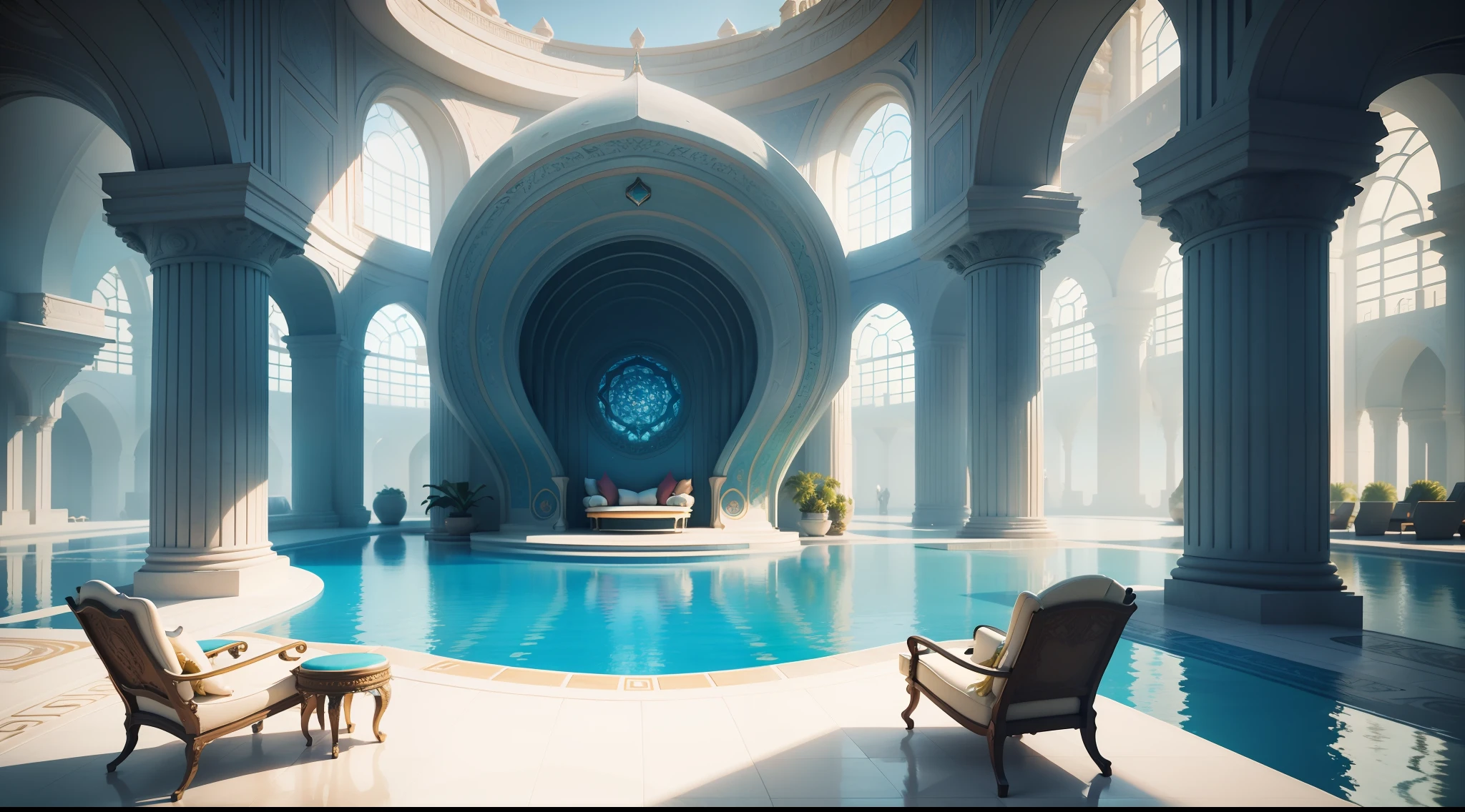 a close up of a pool with a lounge chair in it, futuristic persian palace, a pool inside the giant palace, futuristic architectural art, exquisitely designed throne room, solarpunk architecture, vincent callebaut, decadent throne room, organic architecture, dream pool, futuristic palace, beautiful 3 d rendering, gorgeous 3d render, underwater home
