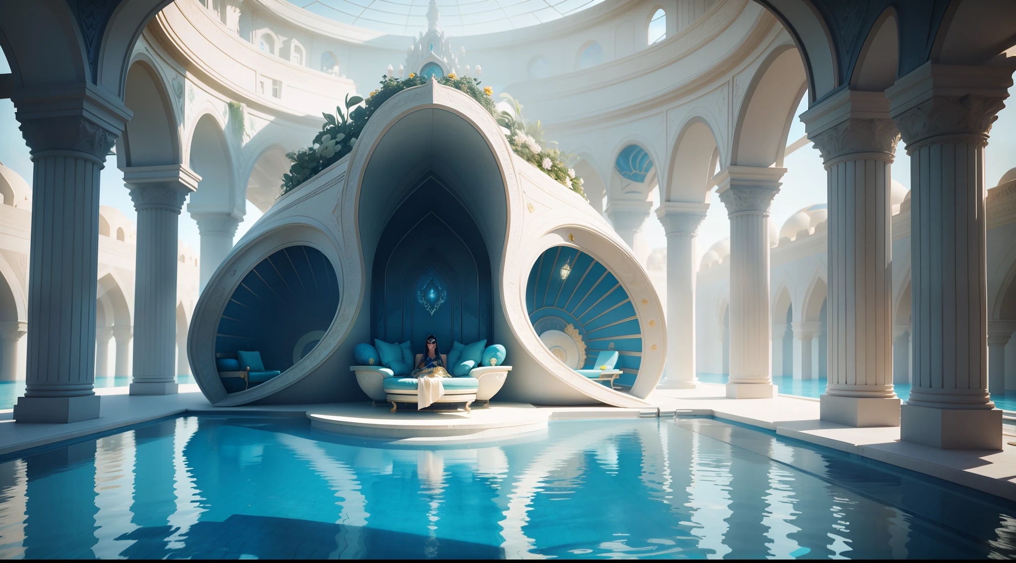 a close up of a pool with a lounge chair in it, futuristic persian palace, a pool inside the giant palace, futuristic architectural art, exquisitely designed throne room, solarpunk architecture, vincent callebaut, decadent throne room, organic architecture, dream pool, futuristic palace, beautiful 3 d rendering, gorgeous 3d render, underwater home