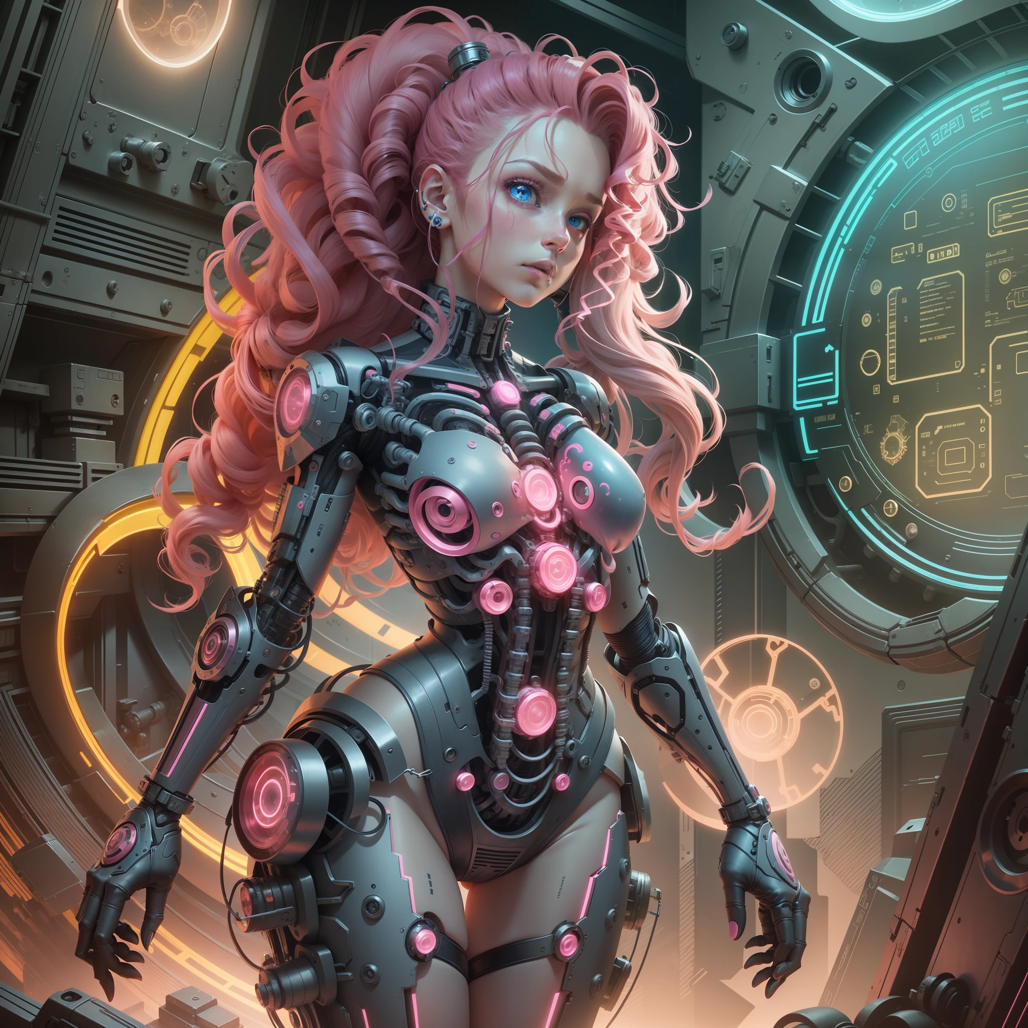 Pinkie Pie Cyborg Girl, Pinkie Pie of My Little Pony, Bio Organism, Non-Human, Mechanical Parts, Curly Hair, Lush Hair, Dark Crimson Hair, Long Hair, Bionic Body Parts, Missing Skin, Completely Cyborg, Cybernetic Organism, Mechanical Arms, Mechanical Legs, Red Glowing Eye, Blue Eyes, Full Growth, Full Body, Very Detailed, Ultra 8k Quality, Broken Parts, Holes in Mechanisms, not a living organism, runes and blue magic, a lot of pink, pink lights, a high-speed pink trail, earrings balls, a lot of magic
