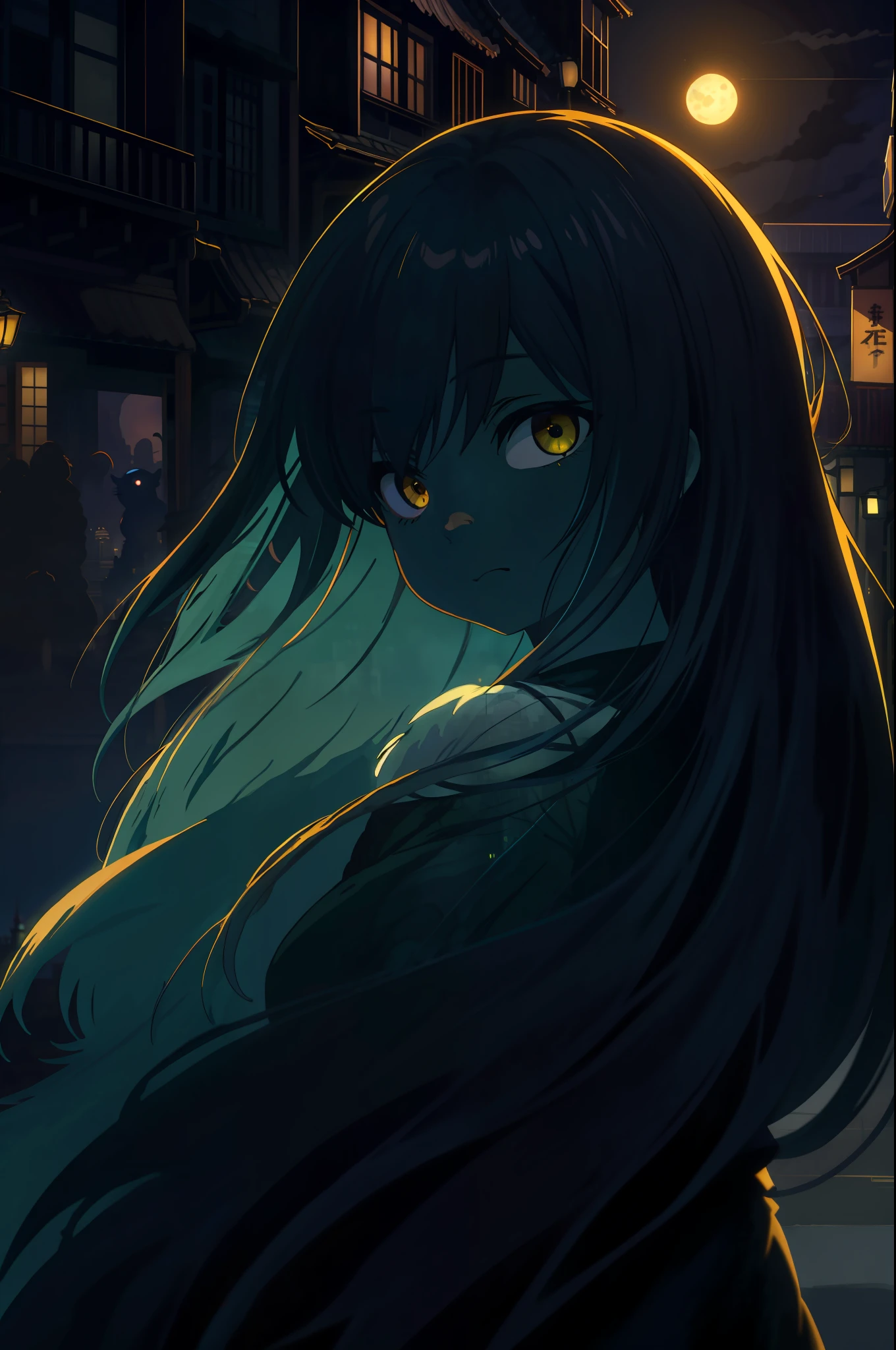 Full Moon Night, Ghosts, Monsters, Night Scene of City Street, Spirited Away Style Cityscape, Anime Background Art, Dramatic Lighting, Yellow Pleasant Light, Concept Art, Gloomy. Spirited Away, Miyazaki style, town at night, city at night, 8k resolution, anime landscape concept art, very detailed, anatomically correct, calm night. Digital illustration, digital painting,
