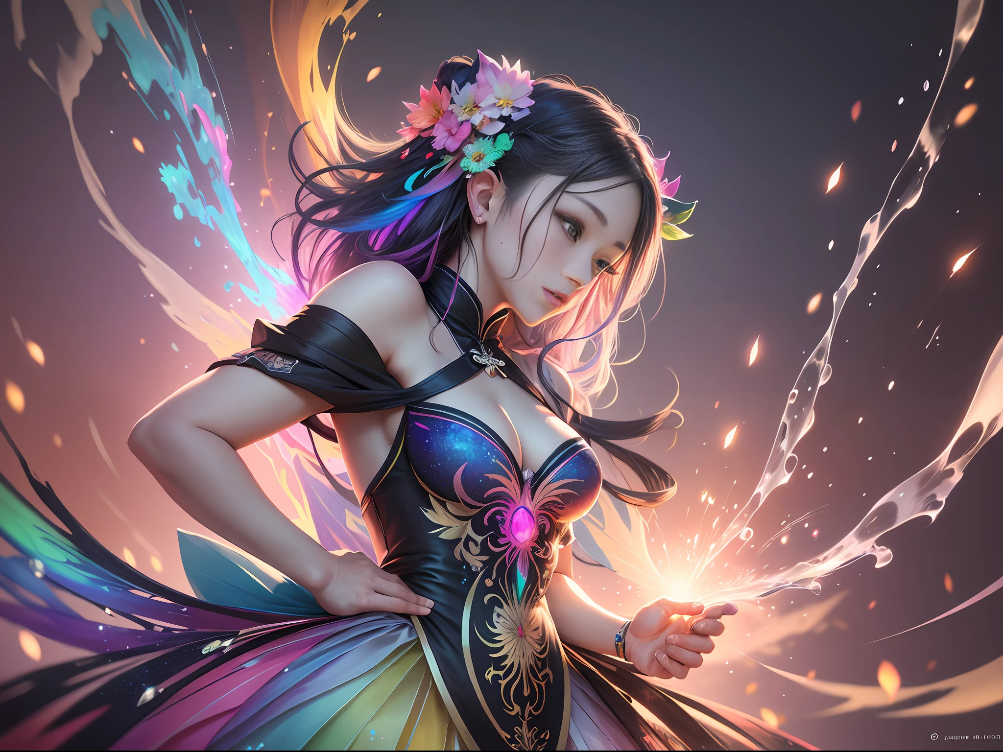 Artist Master Splash Spray Drip Smudge Rainbow Opal Prisma Sakuraoil Colors Chinese Rainbow Fairy HDR Ultra High Detail Centering Bokeh Lens Flare Fog Dusk Bloom Light Bloom Cinematic Lighting High Dynamic Range Depth live, full pose