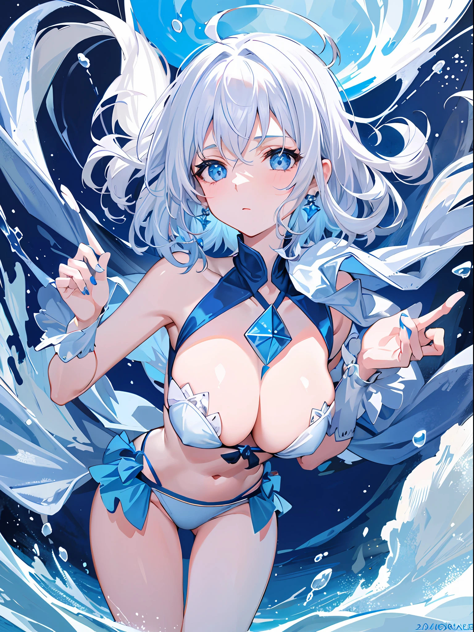 Ice Spirit, Solo, Girl, Sex, Ultramarine Color, White Hair, Disheveled Hair, Short Hair, Blue Nails, Blue Lips, Earrings, Ultra Mini Bikini, Water World, Icy Cold Expression, World's Most Beautiful Girl, Sex (Super Detail), Floating, Water Balls, Angle from Below
