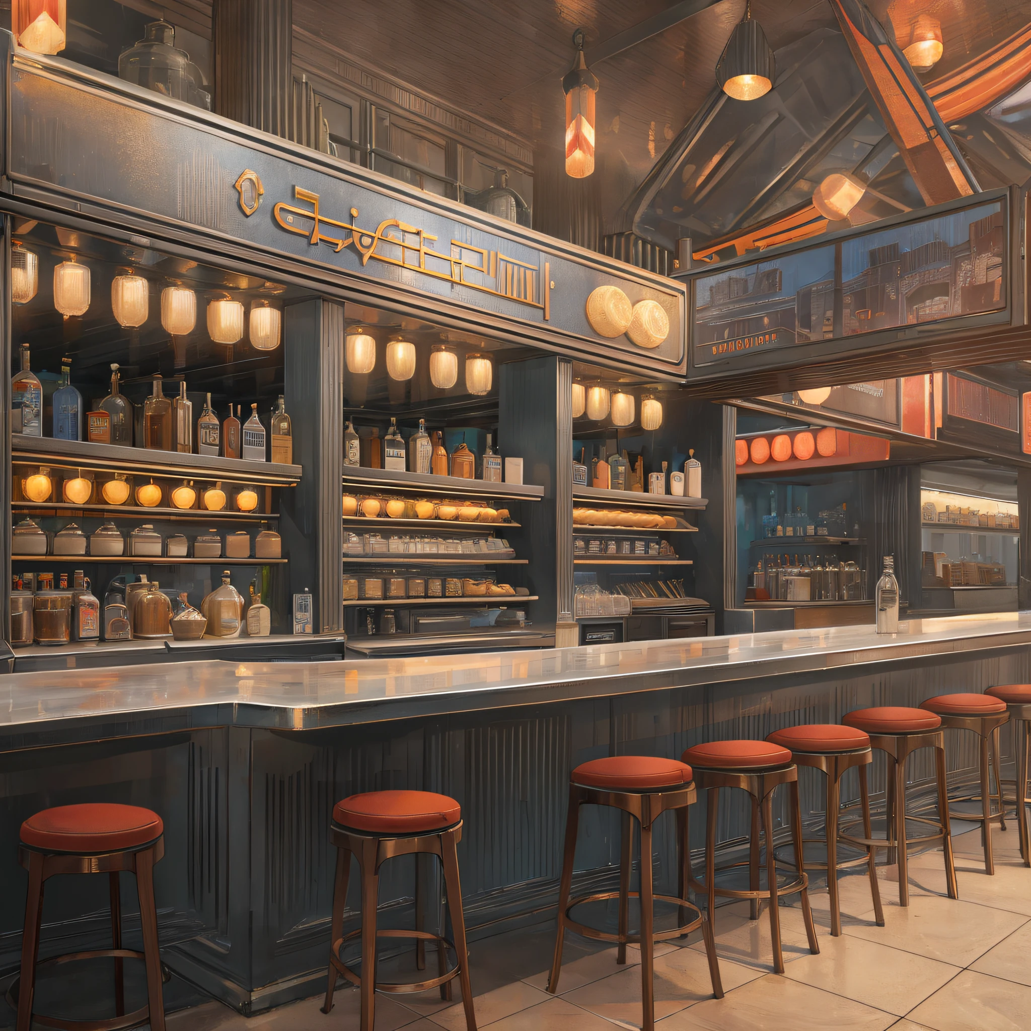 Hyperrealistic full bar environment scene, set in the year 1937, no people in the scene, only architecture of the time, art deco