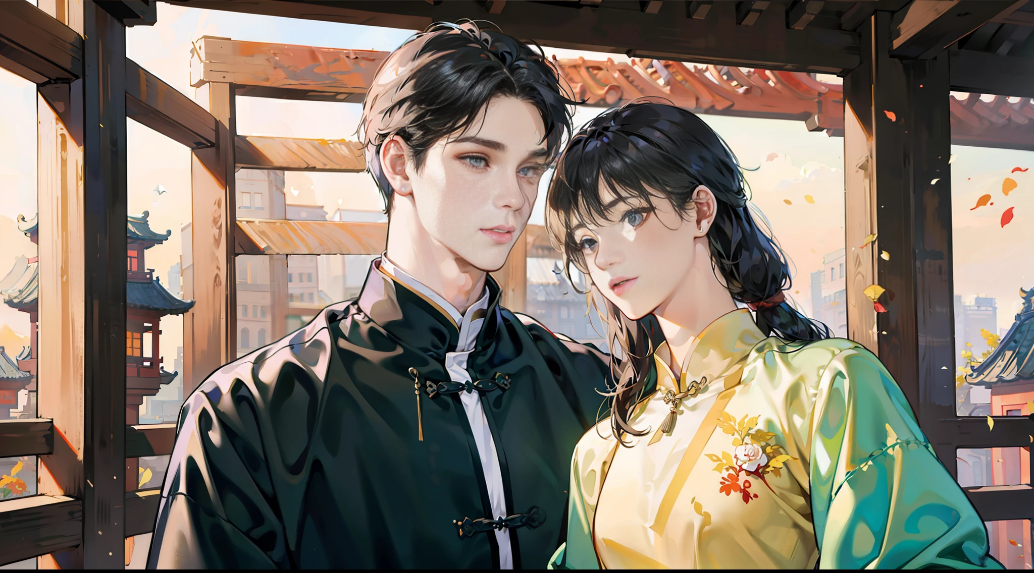 In ancient Chinese courtyards, that man will definitely come to rob women, ancient Chinese traditional clothing, (face detail optimization: 1.5) (masterpiece), (advanced: 1.5), top CG, highest quality, correct proportions, perfect composition, high quality details, perfect details, (super complex details), (super detailed CG: 1.2), (8K: 1.2), realistic, octane rendering,