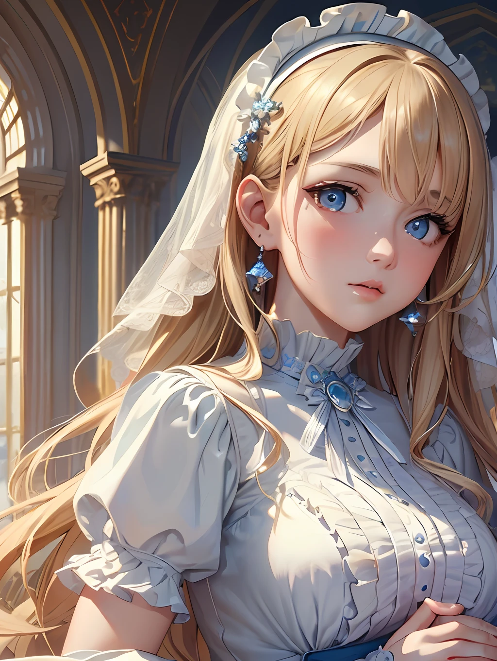 (masterpiece), (artwork), (amazing work), (art), (best quality), (best development), (detailed eyes), (magnificent eyes), (extremely detailed 8k CG unit wallpaper), (1girl) beautiful with extremely detailed eyes, white skin, wearing a beautiful baby blue dress with ruffles, gloves, long blonde hair, rustic art scenery background of a beautiful castle, Paramount and Wit studio cinematic lighting,  great development