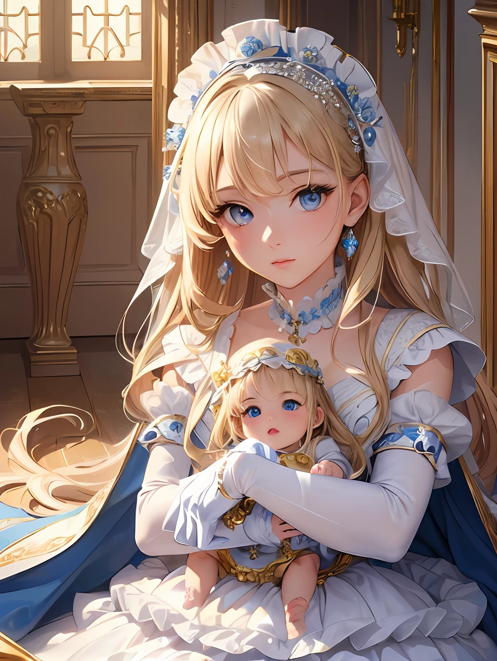 (masterpiece), (artwork), (amazing work), (art), (best quality), (best development), (detailed eyes), (magnificent eyes), (extremely detailed 8k CG unit wallpaper), (1girl) beautiful with extremely detailed eyes, white skin, wearing a beautiful baby blue dress with ruffles, gloves, long blonde hair, rustic art scenery background of a beautiful castle, Paramount and Wit studio cinematic lighting,  great development