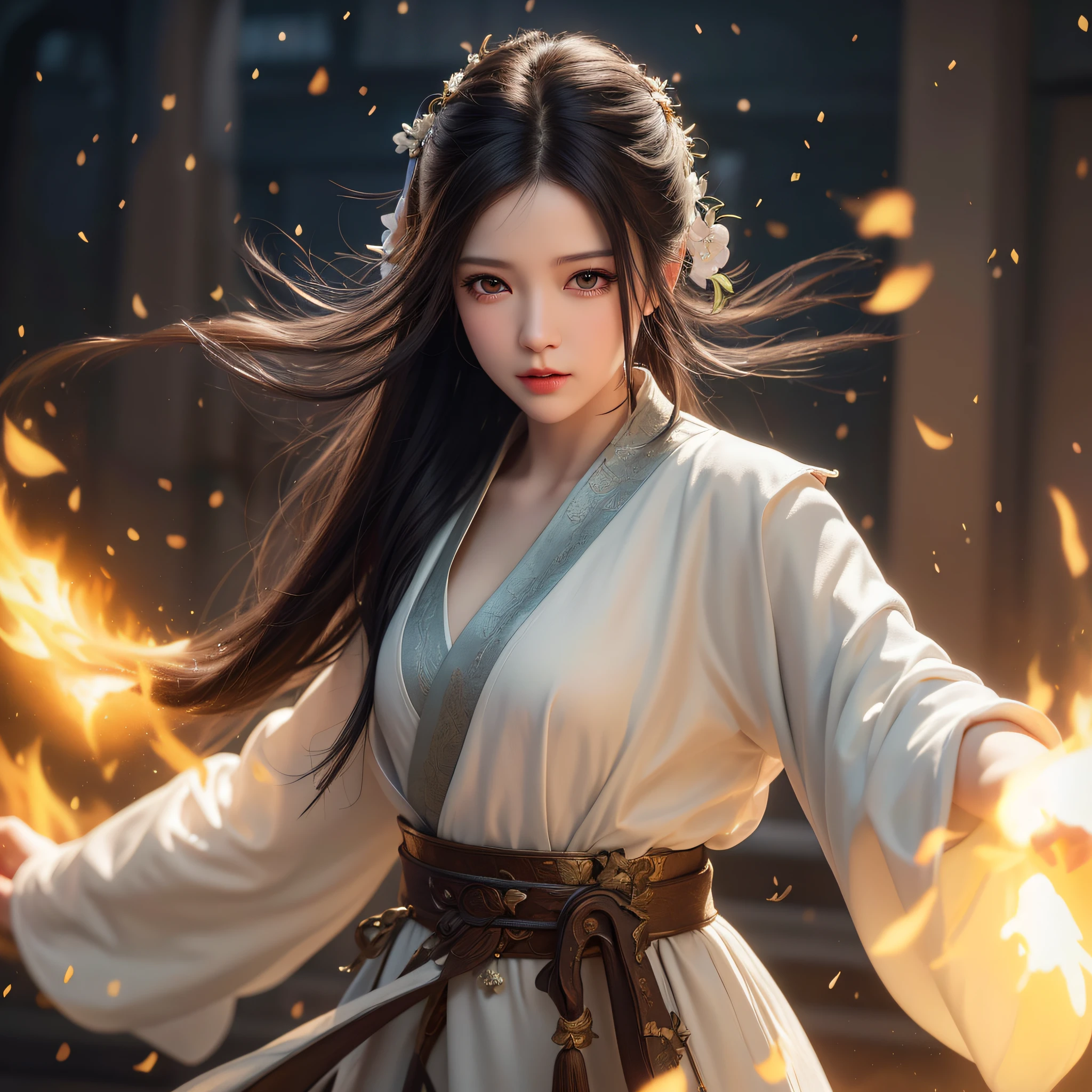 arafed woman in white robe holding a sword and fire, cinematic. by leng jun, fantasy character photo, beautiful character painting, palace , a girl in hanfu, chengwei pan on artstation, portrait shot, ross tran 8 k, she has fire powers, artgerm and atey ghailan, holding a flaming sword, beautiful digital artwork