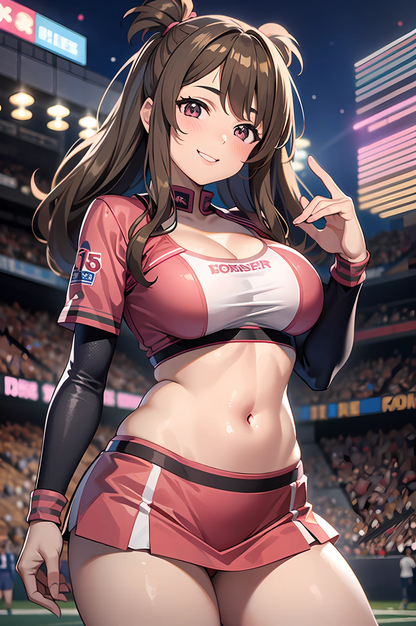 1girl, light brown hair, large breasts, pink cheerleader uniform, belly, smiling, stadium background, night, cowboy shot