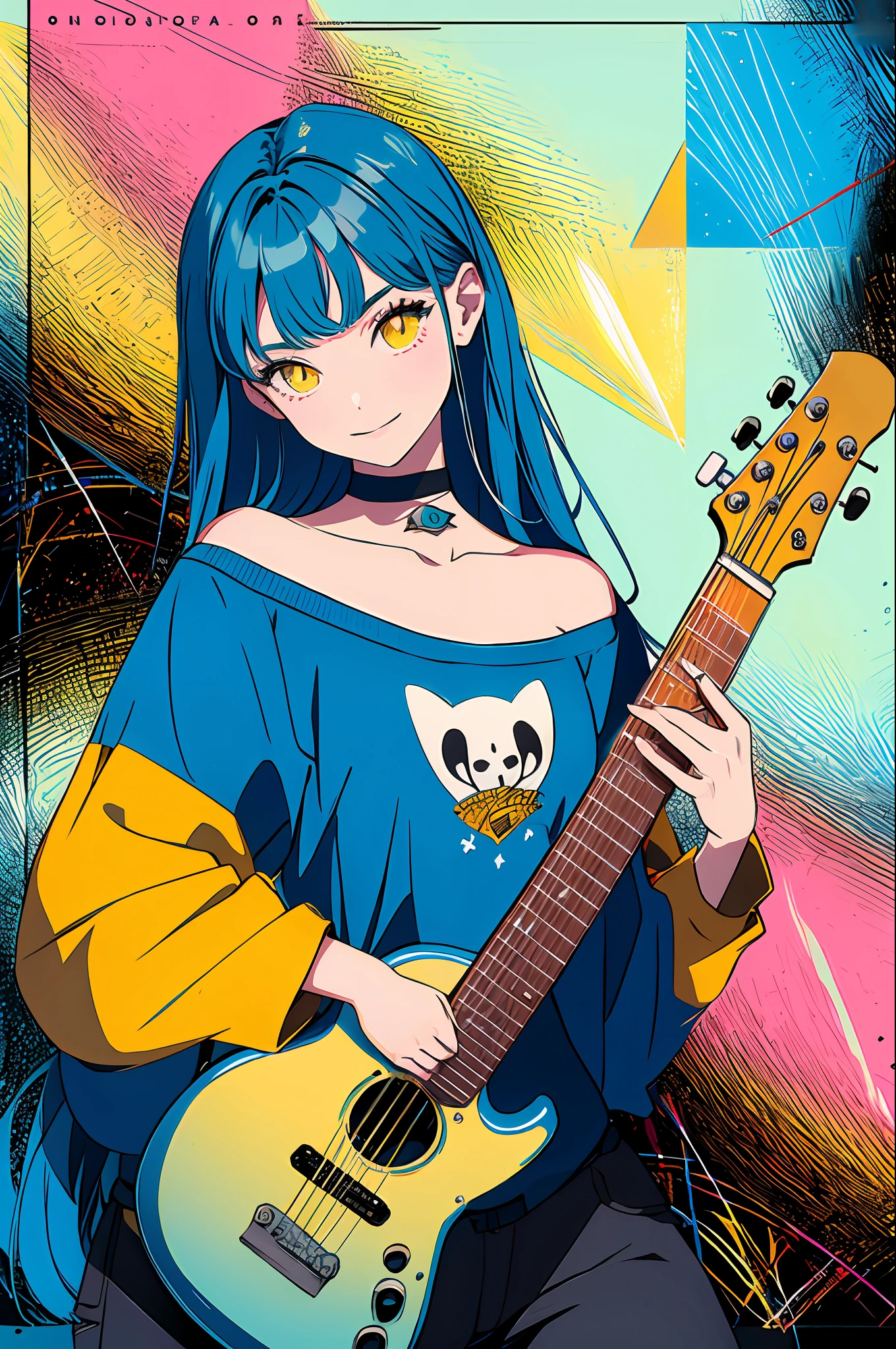 (masterpiece, highest quality, highest quality, official art, beautiful and aesthetic: 1.2),
Cateyes,1girl, Solo, Long Hair, Light Blue T-Shirt, Hand Held Guitar, Rock Girl, Choker, Smile, Yellow Eyes, Look at Audience, Blue Hair, Gray Background, Off Shoulder, Upper Body,
Extreme detail, maximum detail, optical mixing, playful patterns, lively textures, unique visual effects