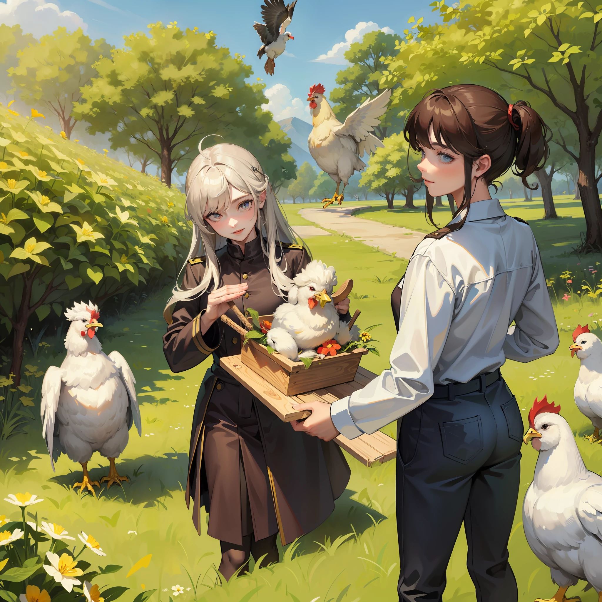 In the background, a vast grassland, a man dressed in the uniform of a beast trainer, holding the iconic staff of the beast trainer, stands next to a chicken with a smile and looks at the chicken. There was also a young woman on the back of the chicken, and the man's face was full of surprise, and he seemed to be very intoxicated by this scene. The picture is full of mystery and magic, which makes people addicted to it.