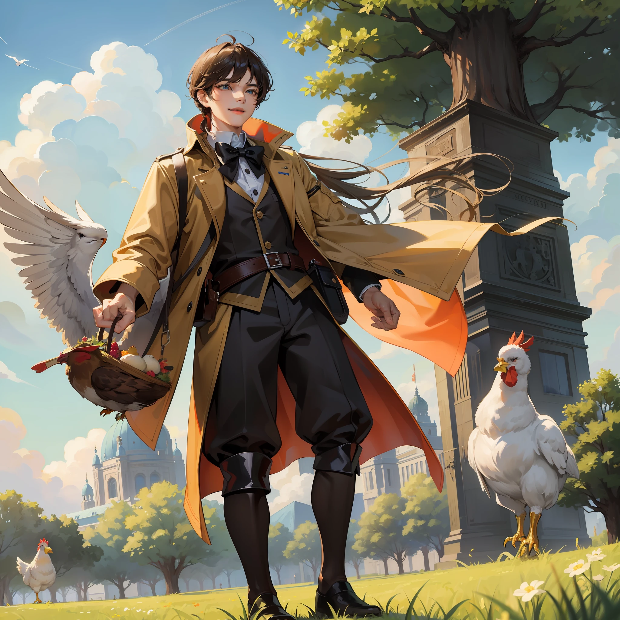 In the background, a vast grassland, a man dressed in the uniform of a beast trainer, holding the iconic staff of the beast trainer, stands next to a chicken with a smile and looks at the chicken. There was also a young woman on the back of the chicken, and the man's face was full of surprise, and he seemed to be very intoxicated by this scene. The picture is full of mystery and magic, which makes people addicted to it.